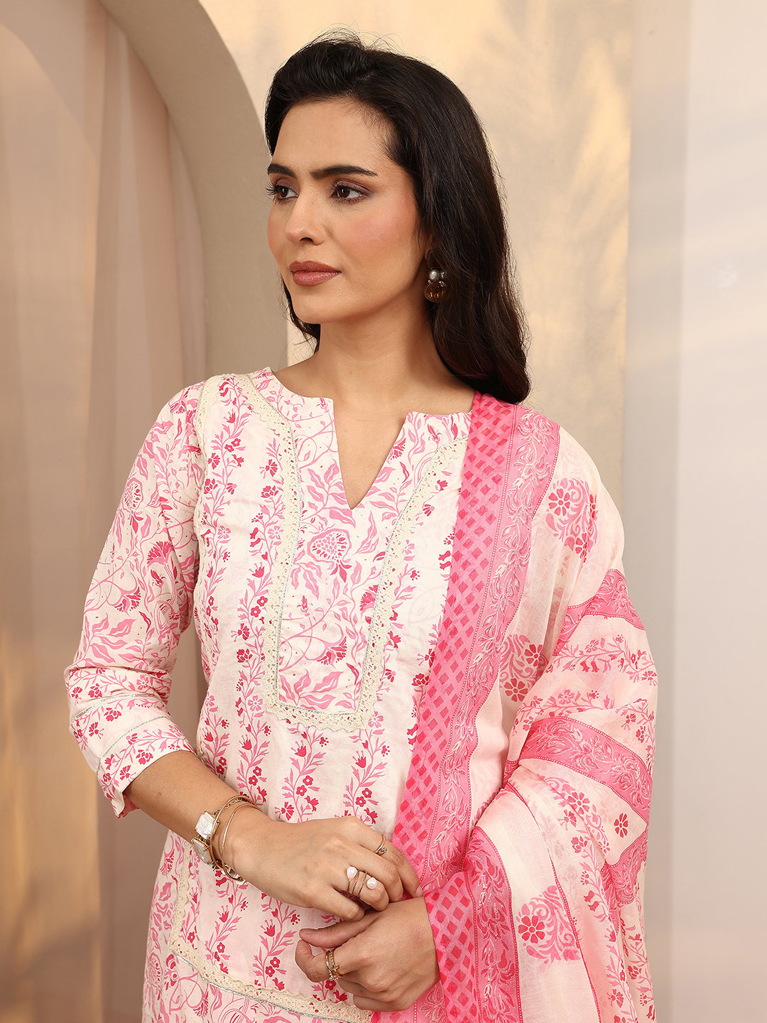 Pink Floral Printed Kurta Set with Dupatta