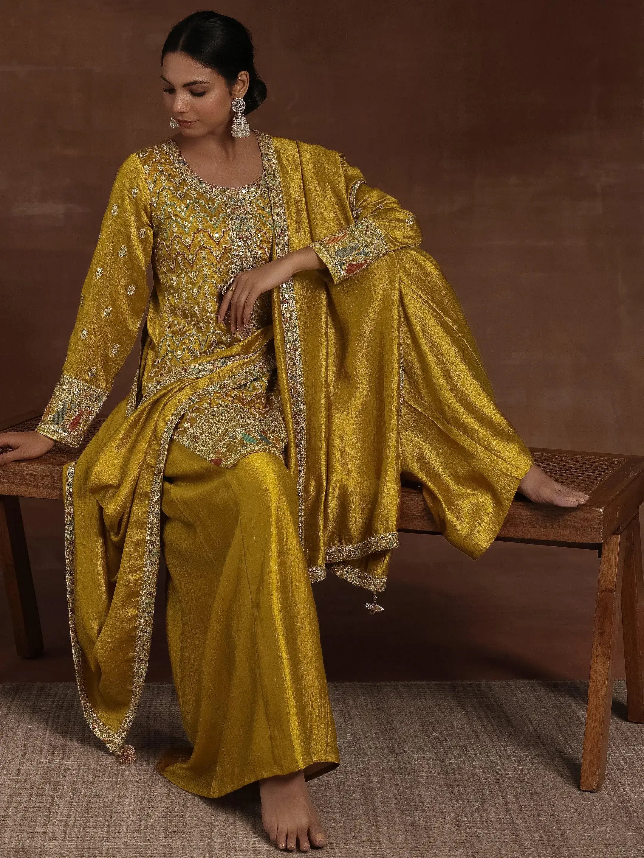 Mustard Silk Blend Embroidered Kurta Set with Palazzo and Dupatta