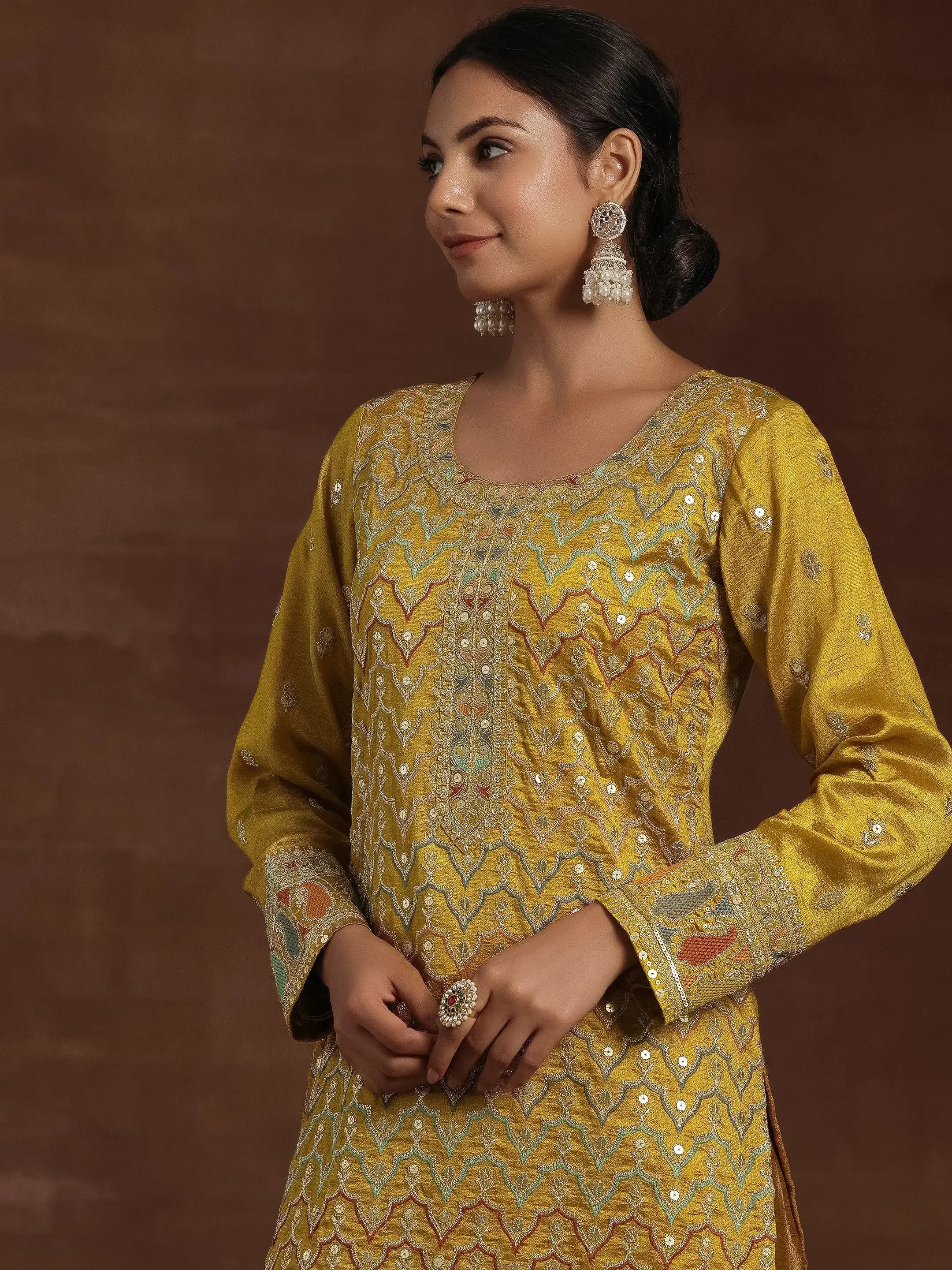 Mustard Silk Blend Embroidered Kurta Set with Palazzo and Dupatta