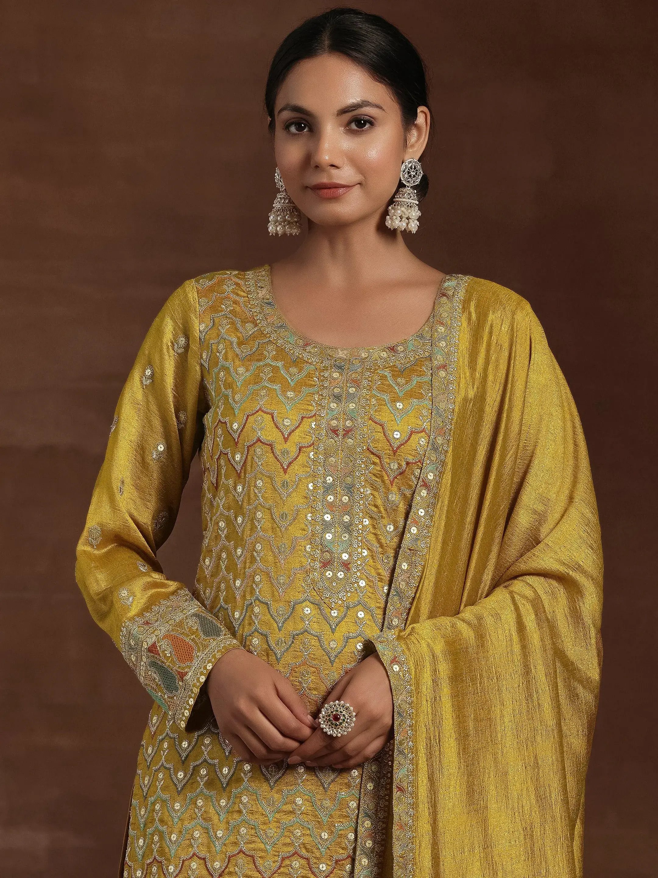Mustard Silk Blend Embroidered Kurta Set with Palazzo and Dupatta