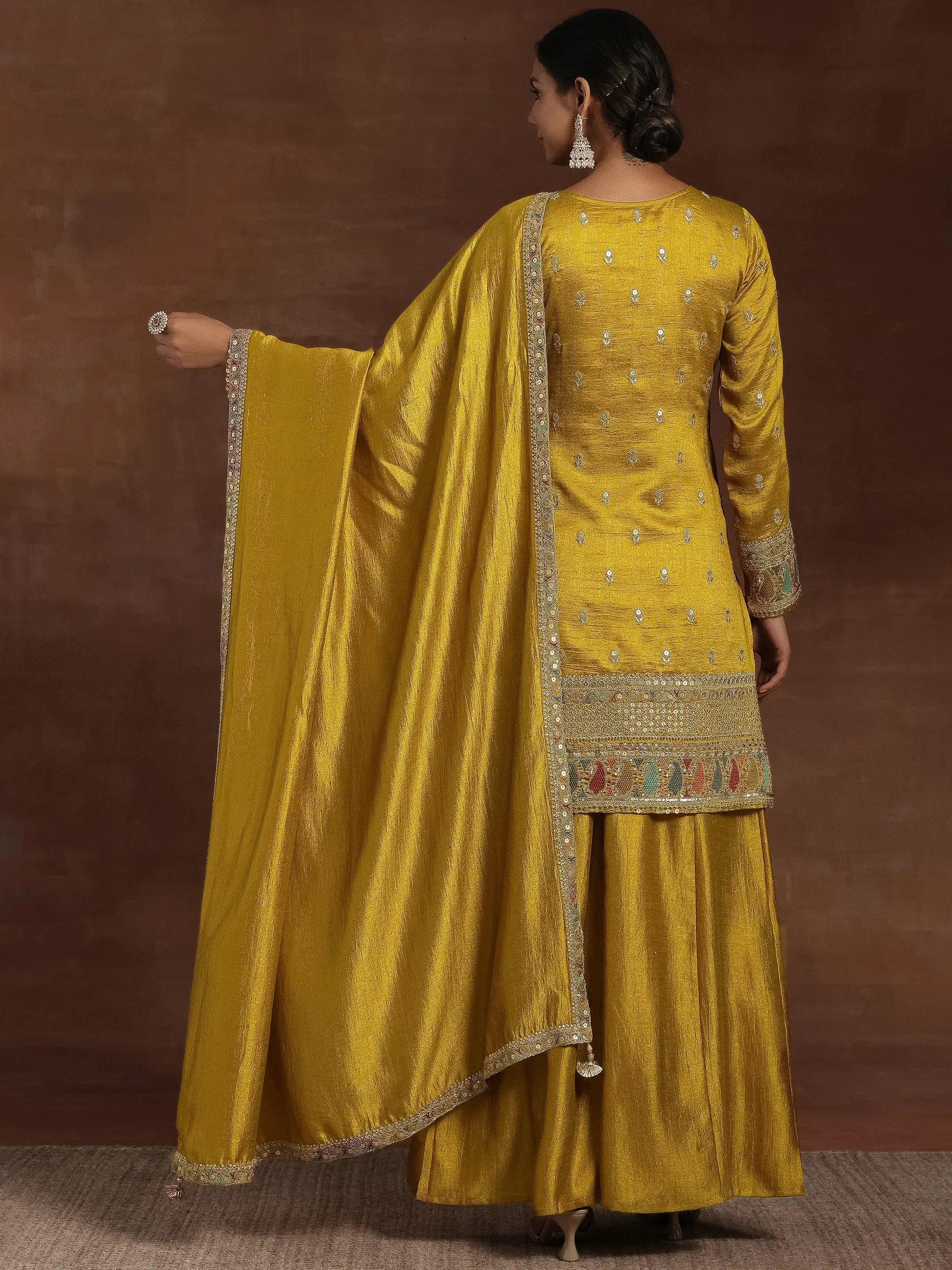 Mustard Silk Blend Embroidered Kurta Set with Palazzo and Dupatta