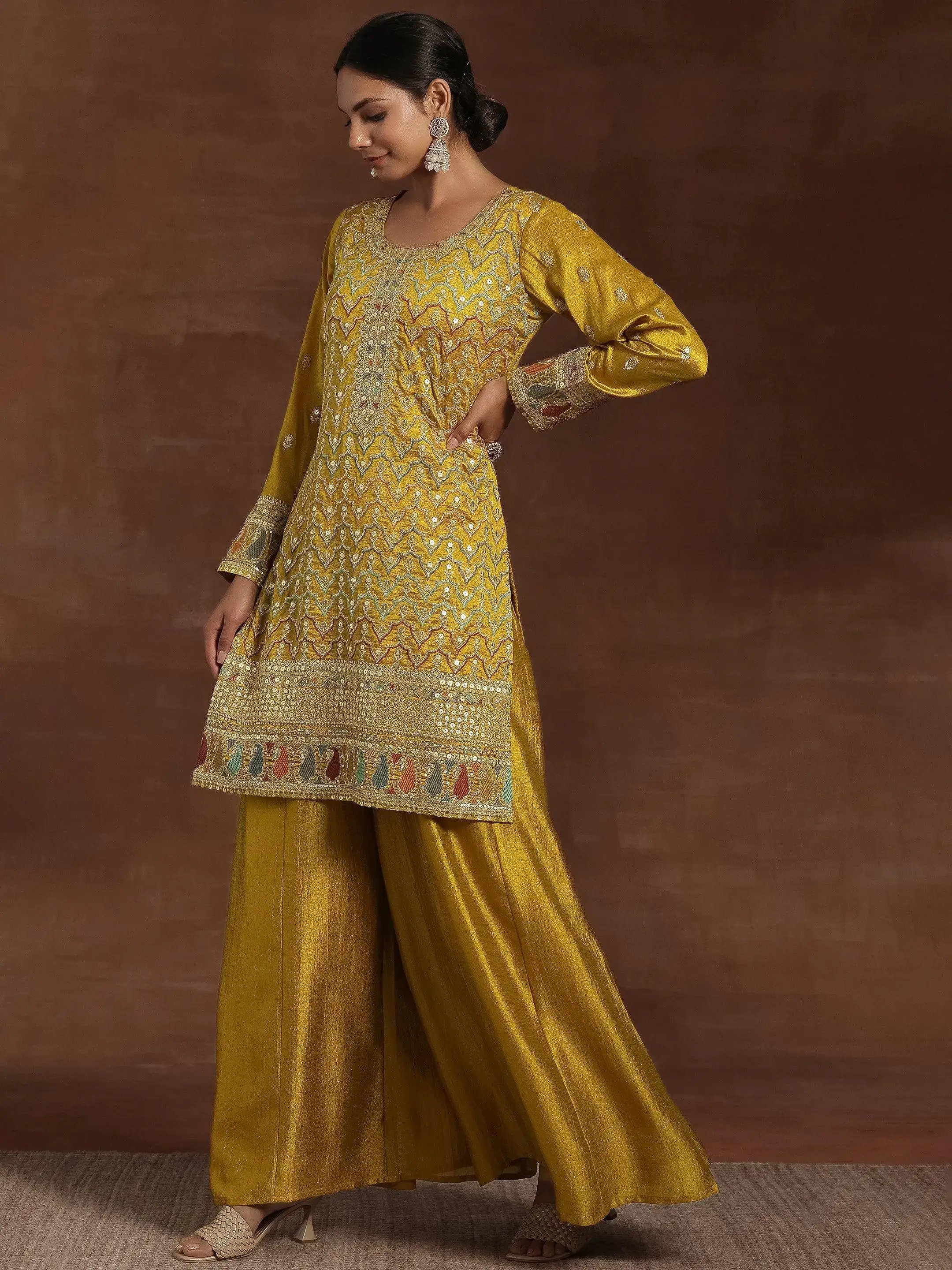 Mustard Silk Blend Embroidered Kurta Set with Palazzo and Dupatta