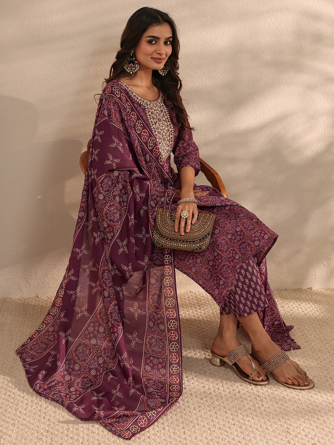 Burgundy Printed Cotton Blend Kurta Set with Dupatta
