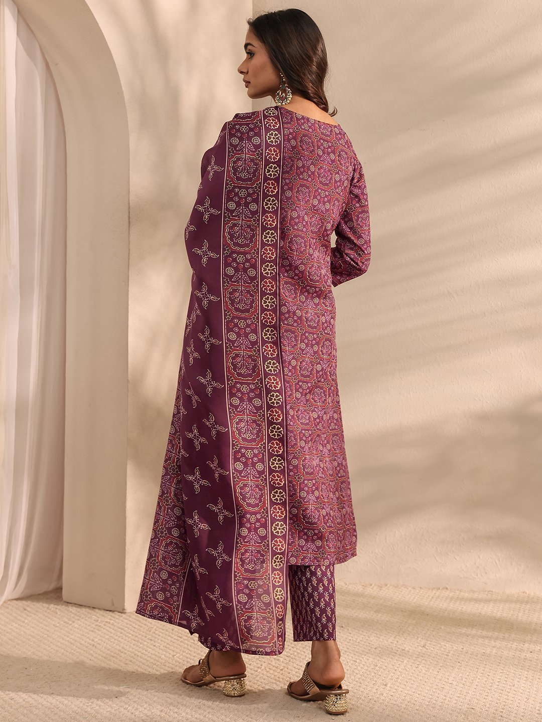 Burgundy Printed Cotton Blend Kurta Set with Dupatta