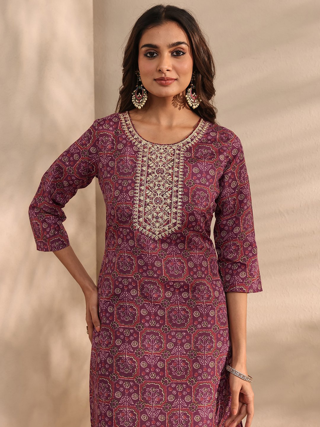 Burgundy Printed Cotton Blend Kurta Set with Dupatta