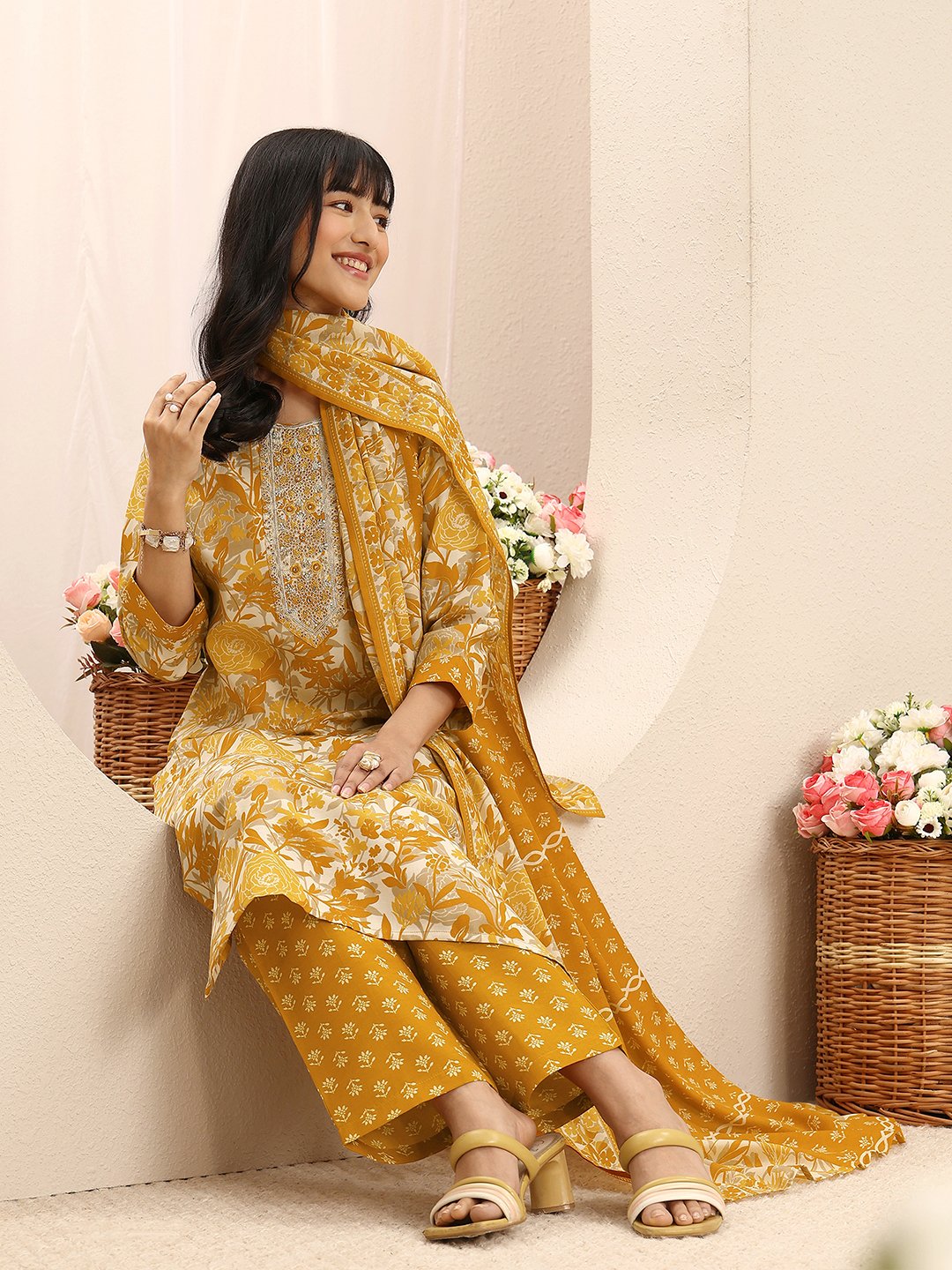 Mustard Printed Cotton Blend Straight Kurta With Trouser And Dupatta