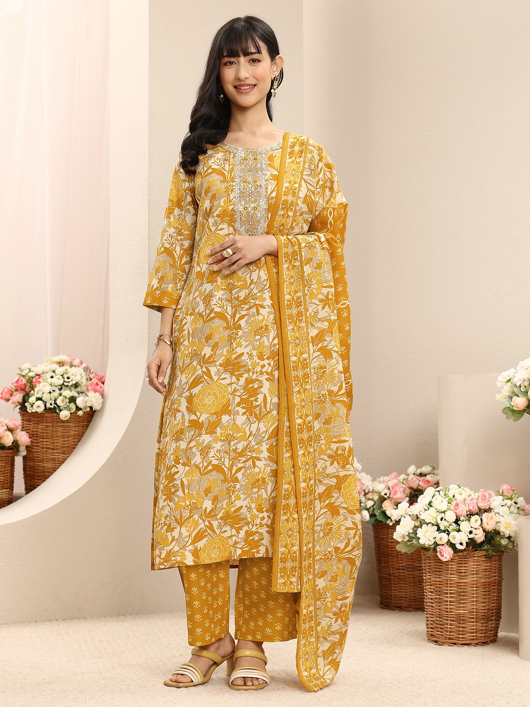 Mustard Printed Cotton Blend Straight Kurta With Trouser And Dupatta