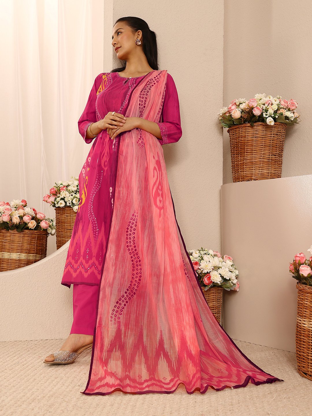 Pink Printed Cotton Straight Kurta With Trouser And Dupatta