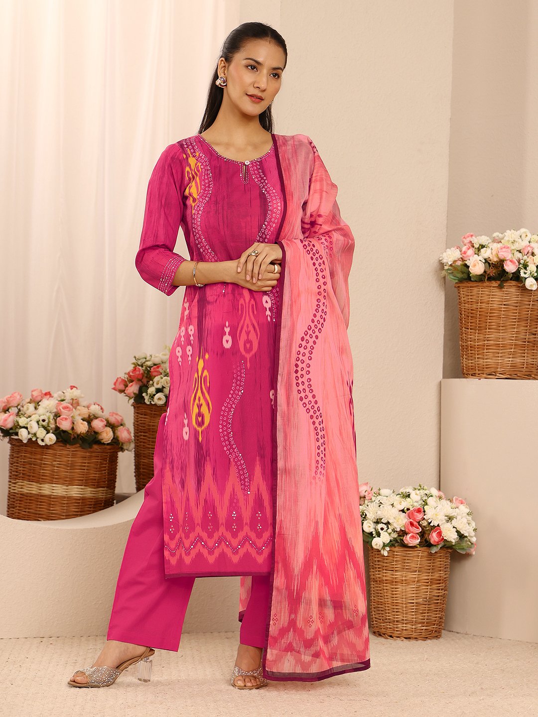 Pink Printed Cotton Straight Kurta With Trouser And Dupatta