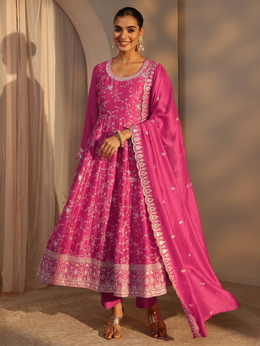 Pink Embroidered Silk Blend Straight Kurta With Trouser And Dupatta