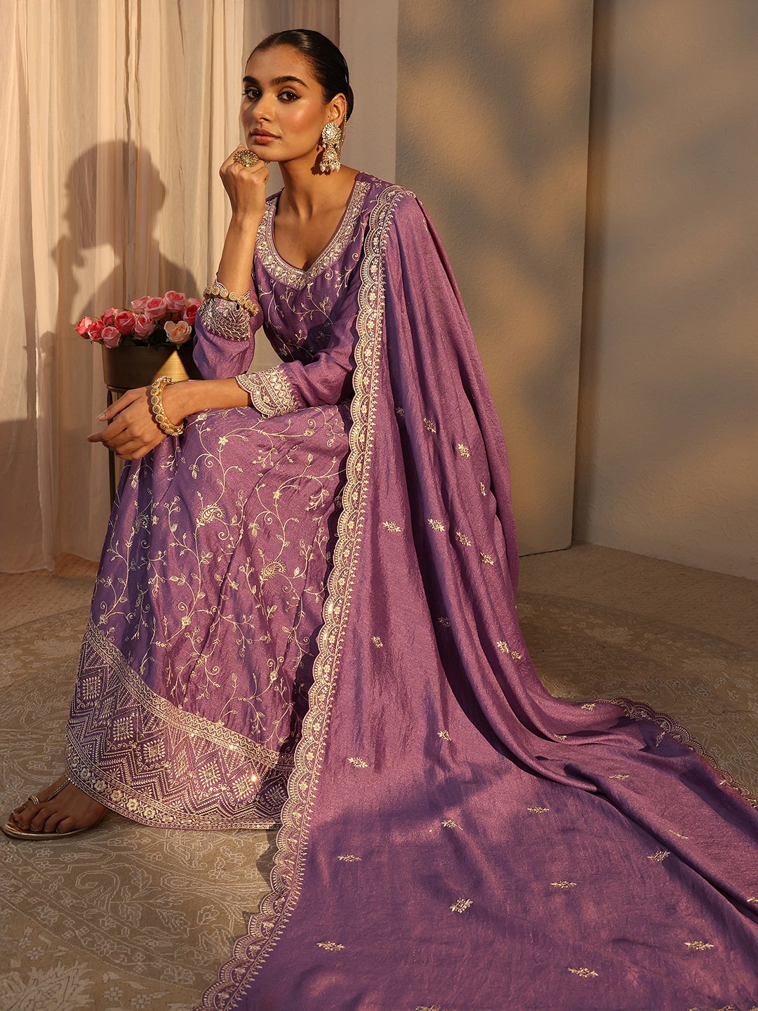 Purple Embroidered Anarkali Trouser Set with Dupatta