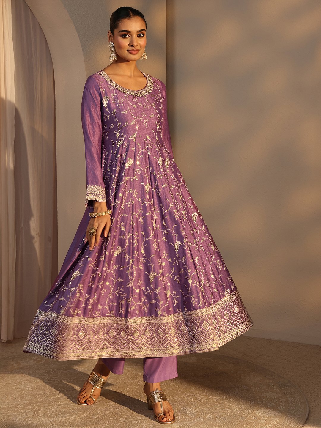 Purple Embroidered Anarkali Trouser Set with Dupatta