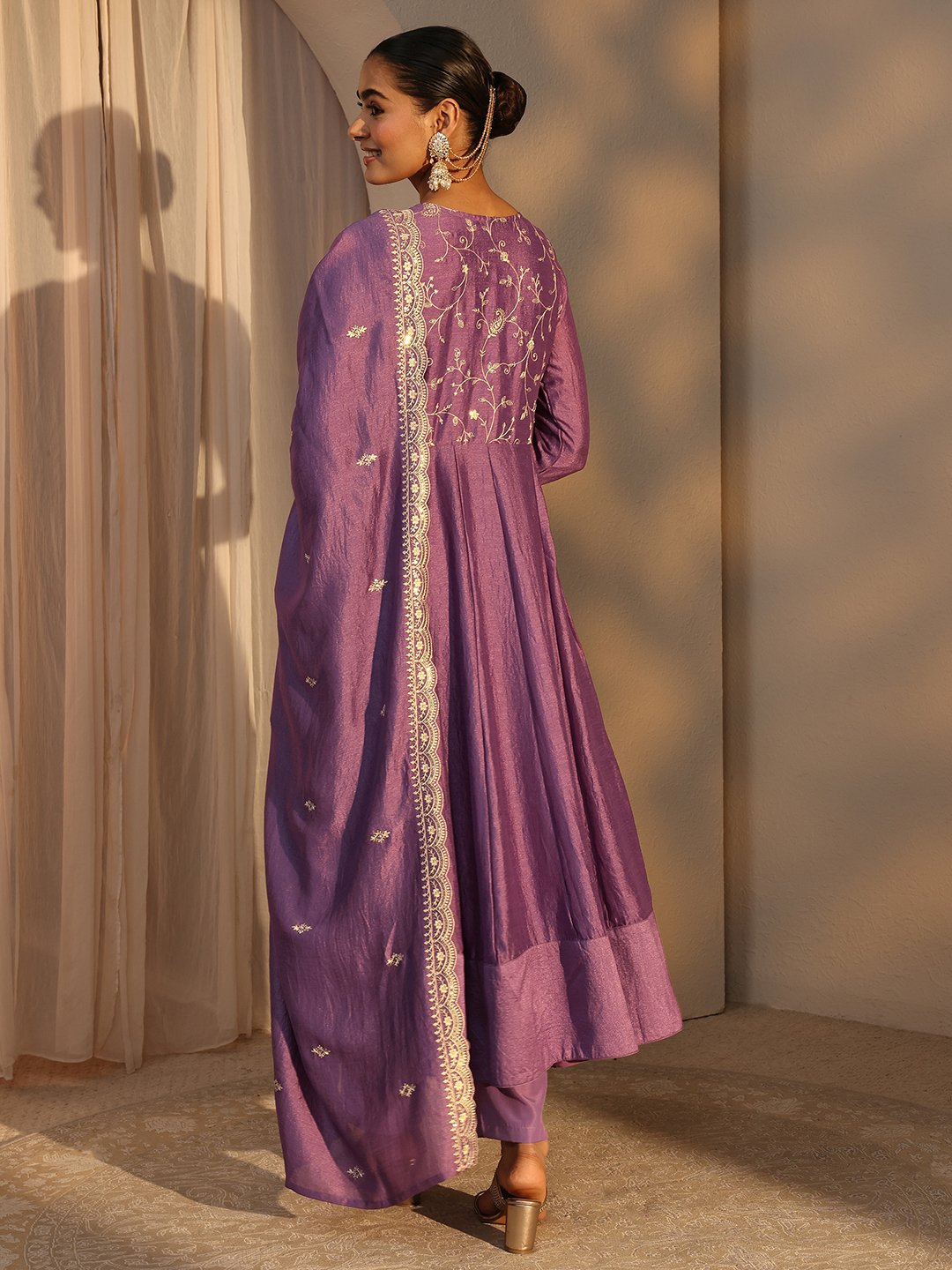 Purple Embroidered Anarkali Trouser Set with Dupatta