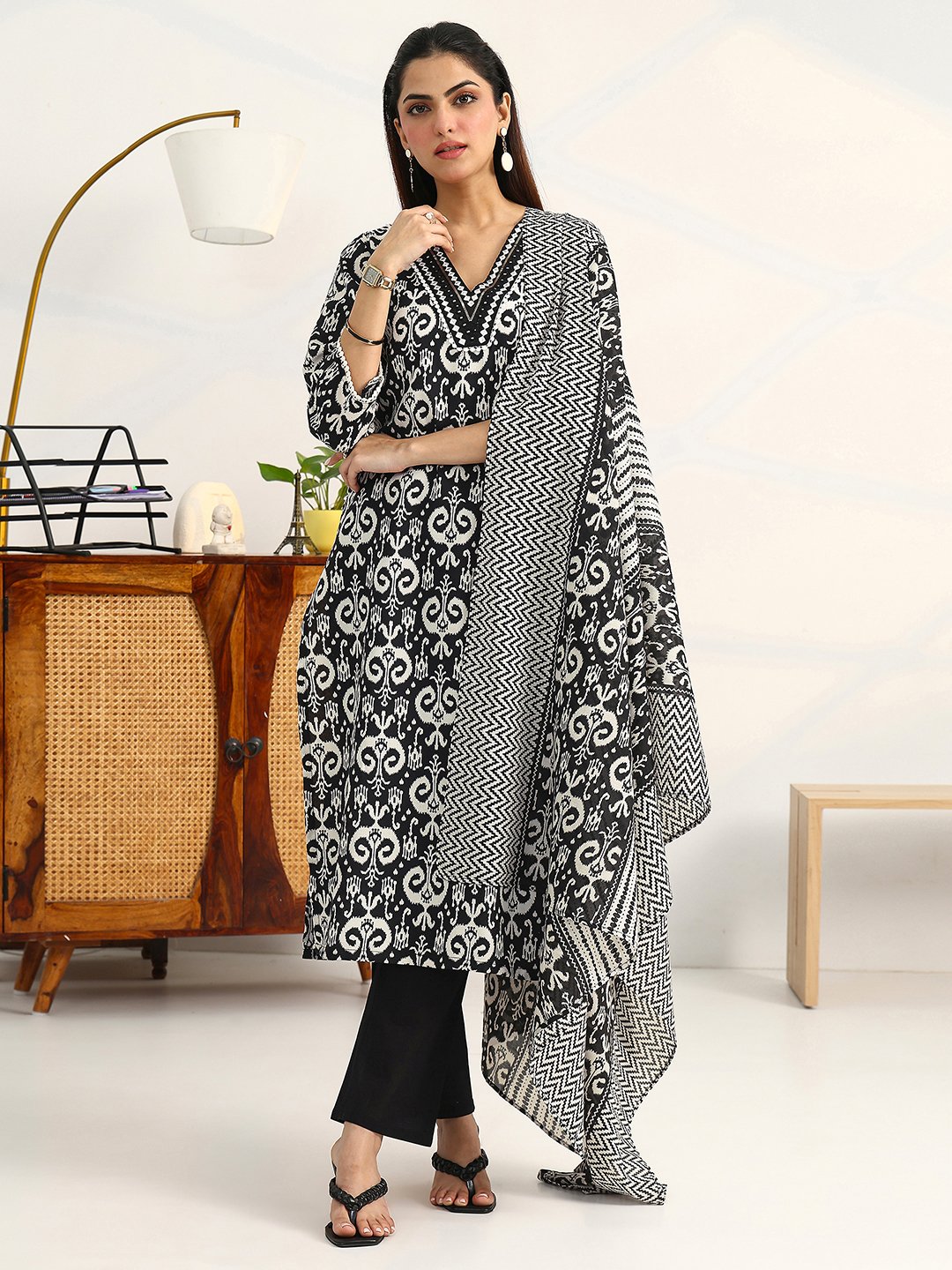 Black Ikat Print Cotton Blend Kurta Set with Dupatta