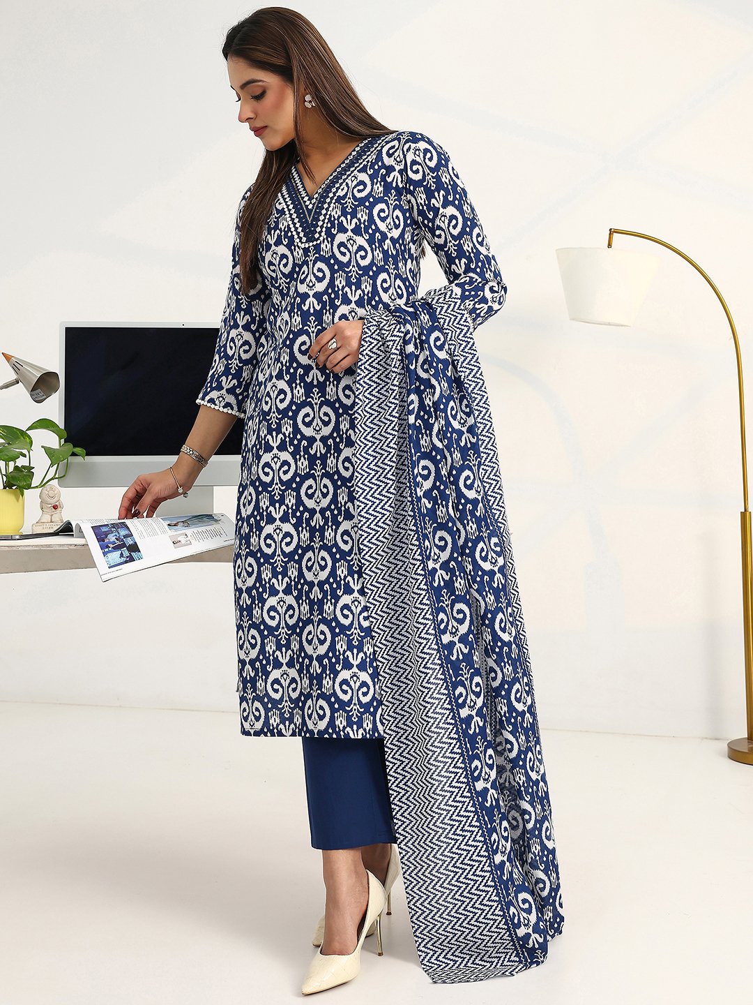 Blue Printed Cotton Blend Kurta Set with Trouser and Dupatta