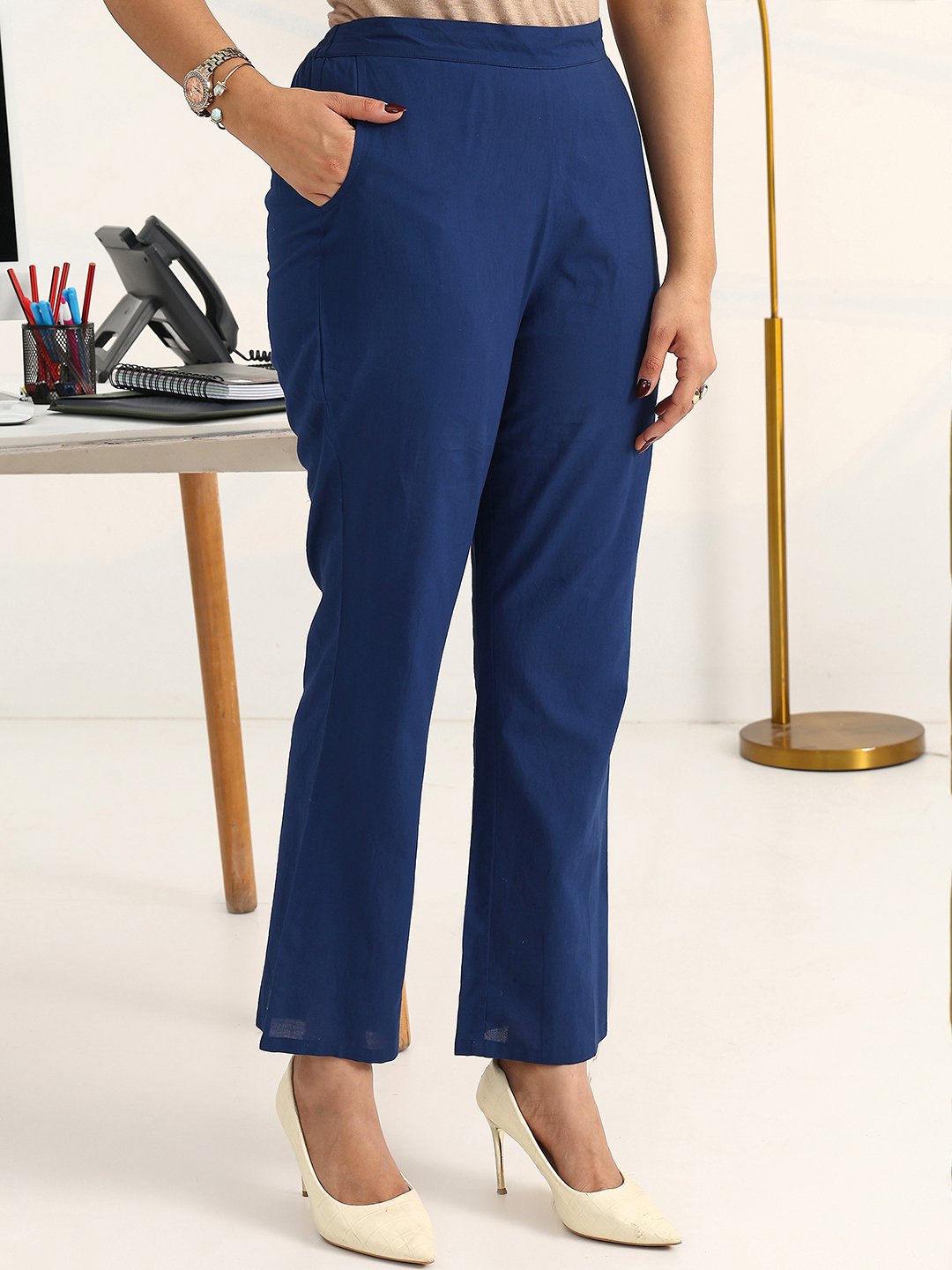 Blue Printed Cotton Blend Kurta Set with Trouser and Dupatta