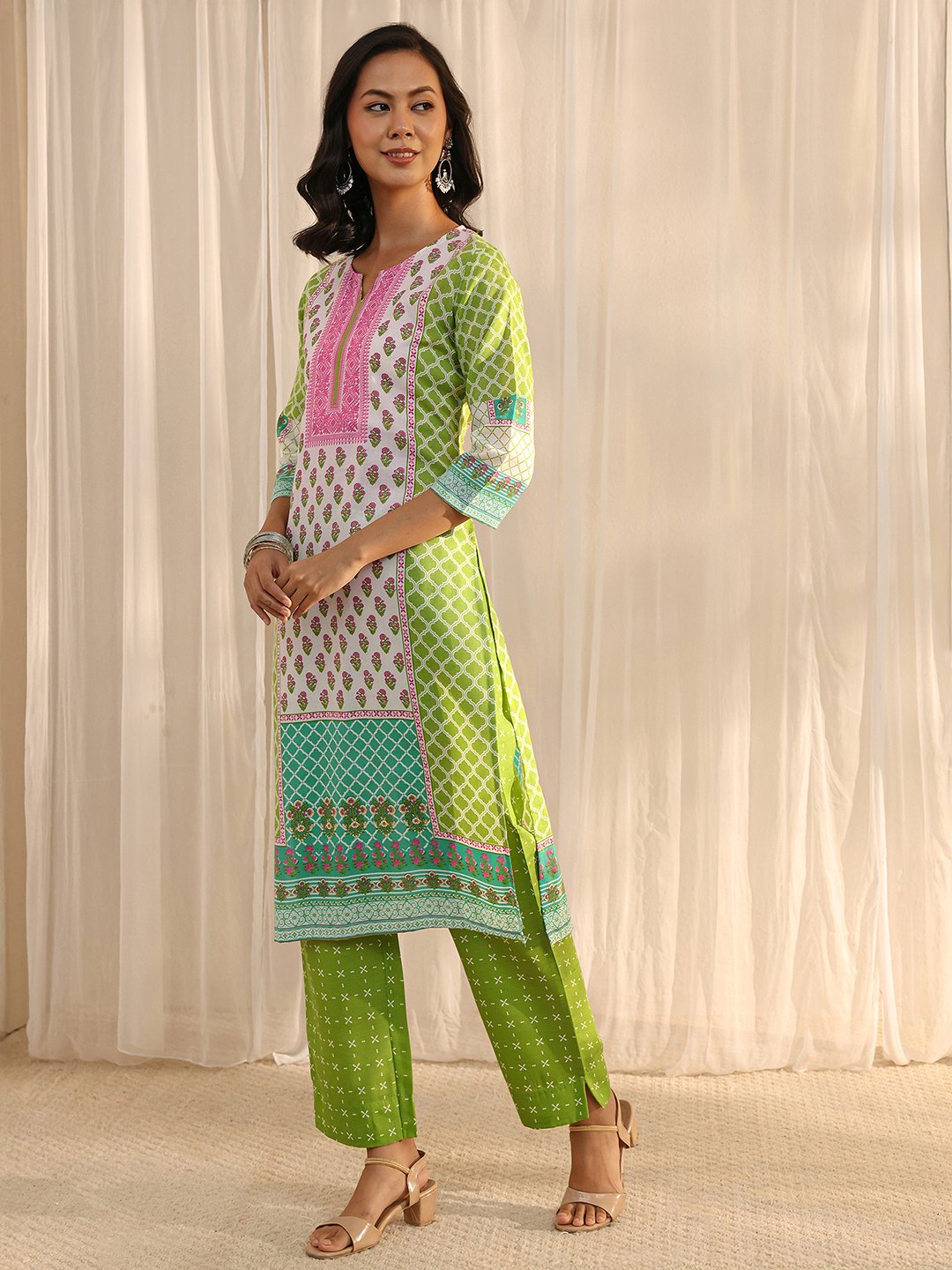 Multi-Print Cotton Blend Kurta Set with Dupatta