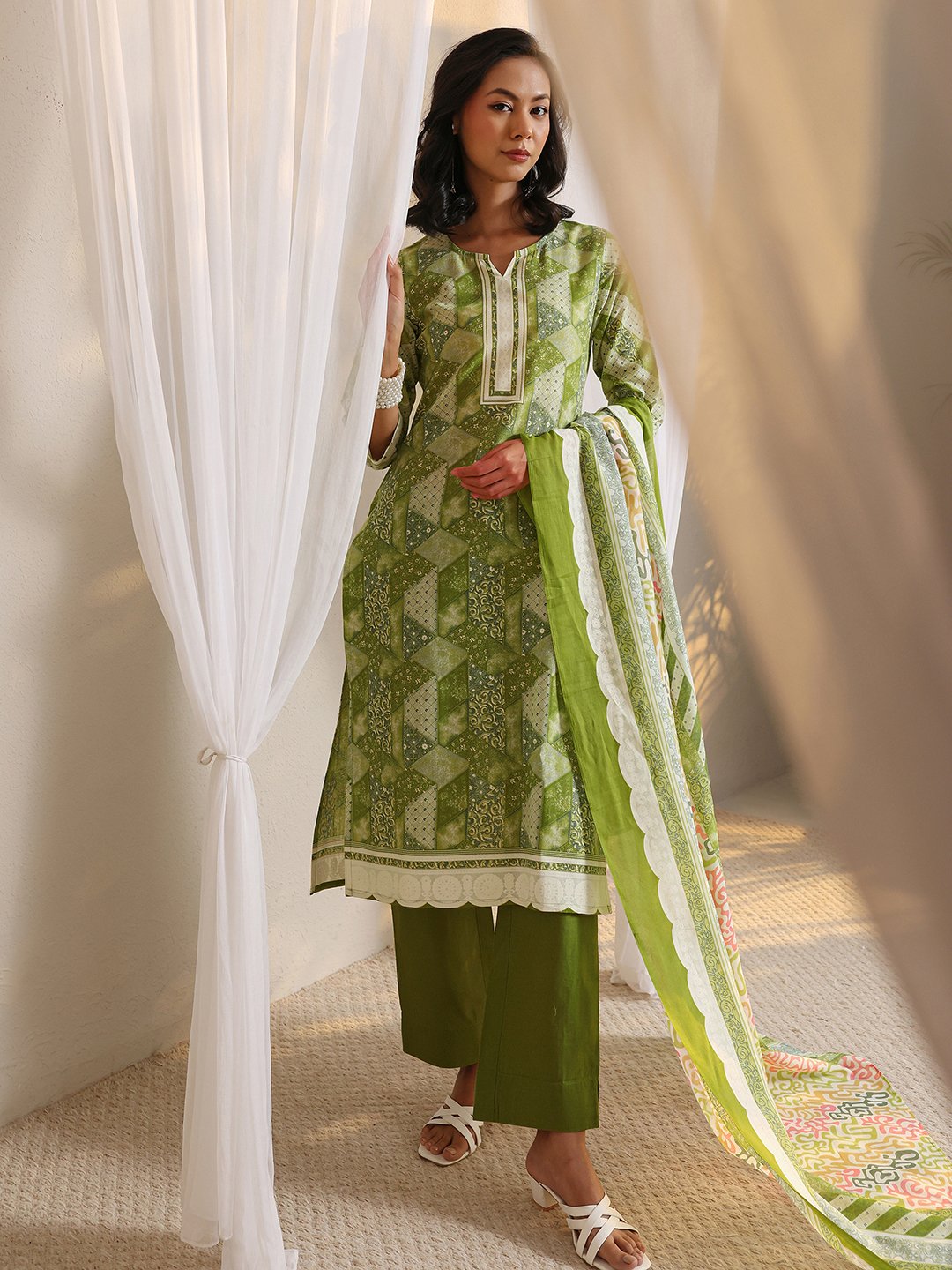 Green Printed Cotton Blend Kurta Set with Trouser and Dupatta