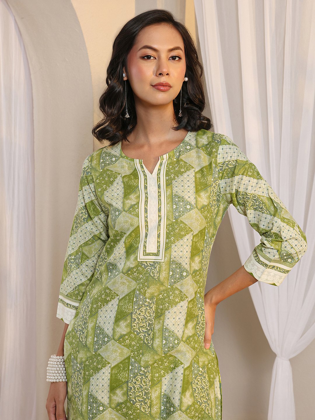 Green Printed Cotton Blend Kurta Set with Trouser and Dupatta