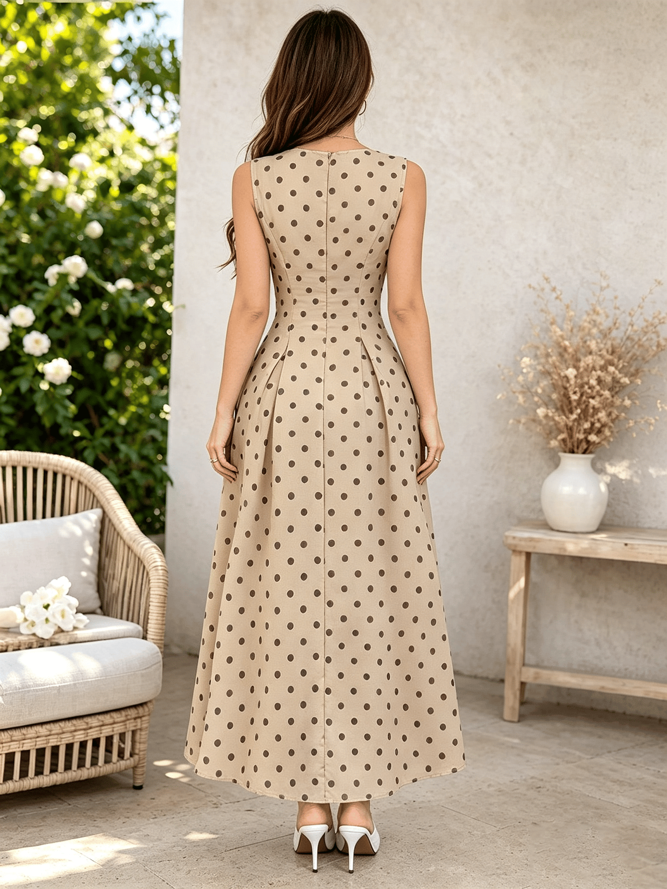 Nude Polka Dot Sleeveless Maxi Dress