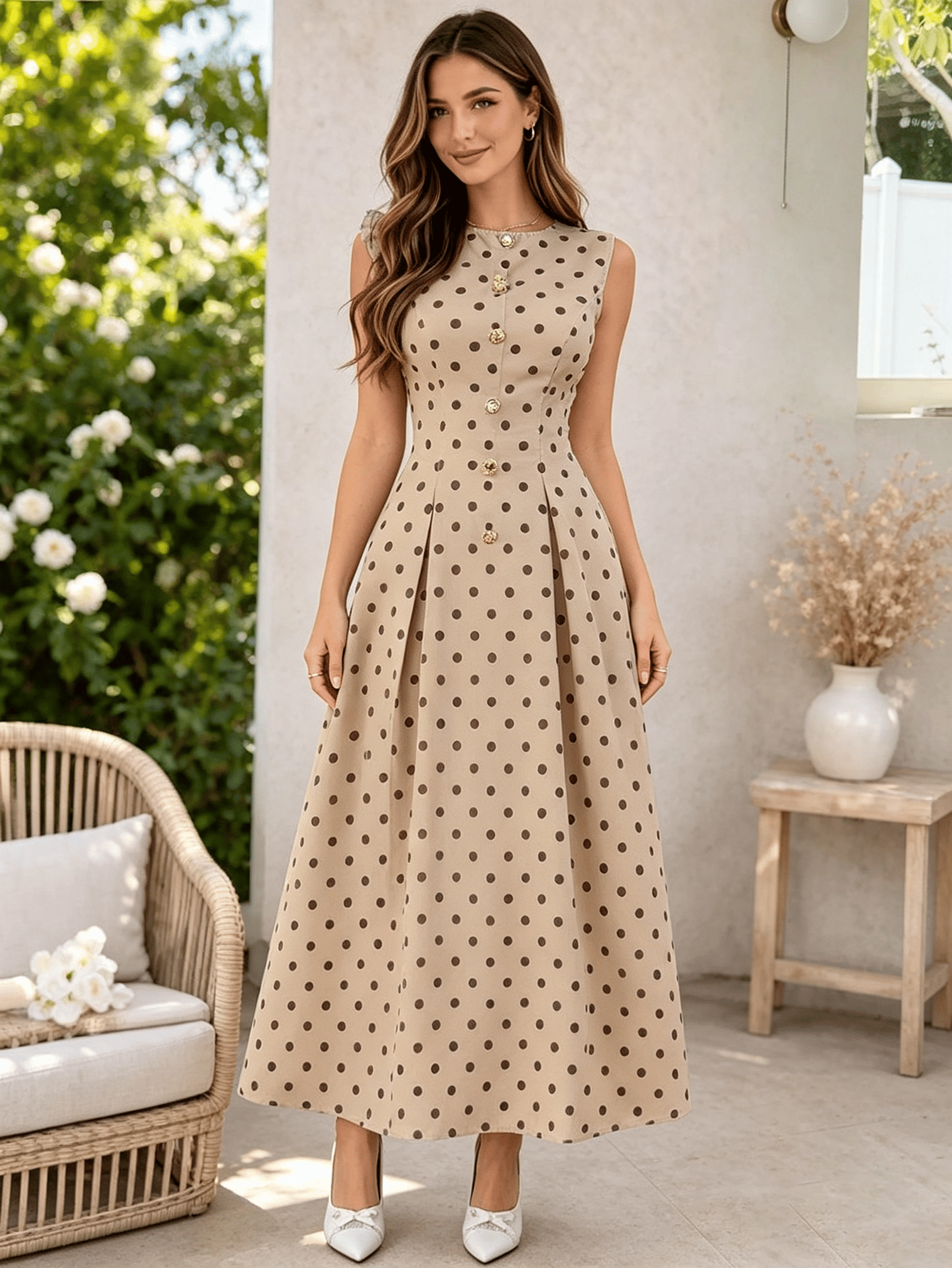 Nude Polka Dot Sleeveless Maxi Dress