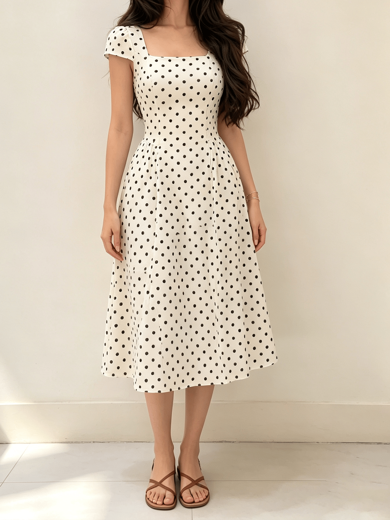 White Polka Dot Midi Dress with Square Neck