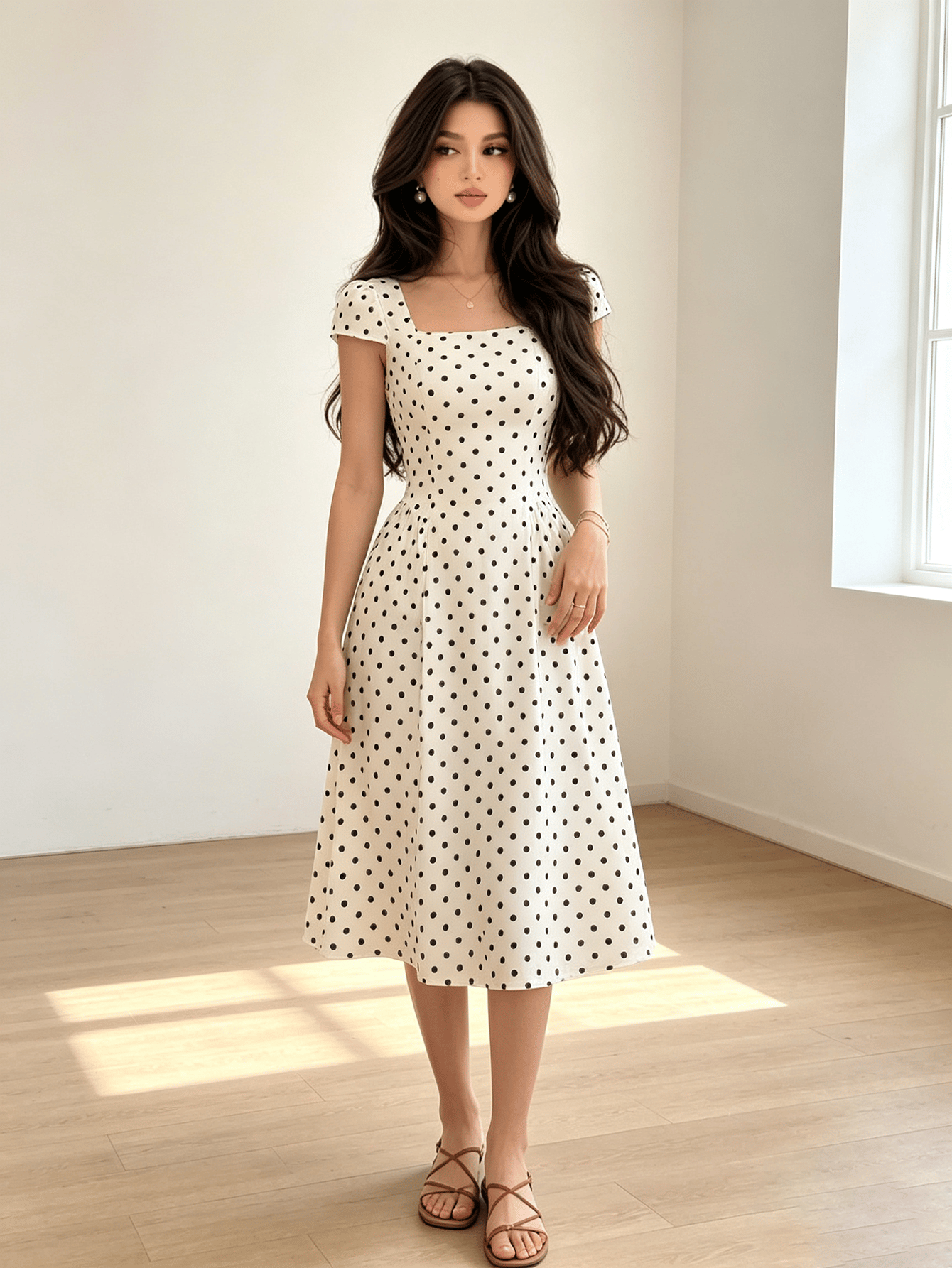 White Polka Dot Midi Dress with Square Neck