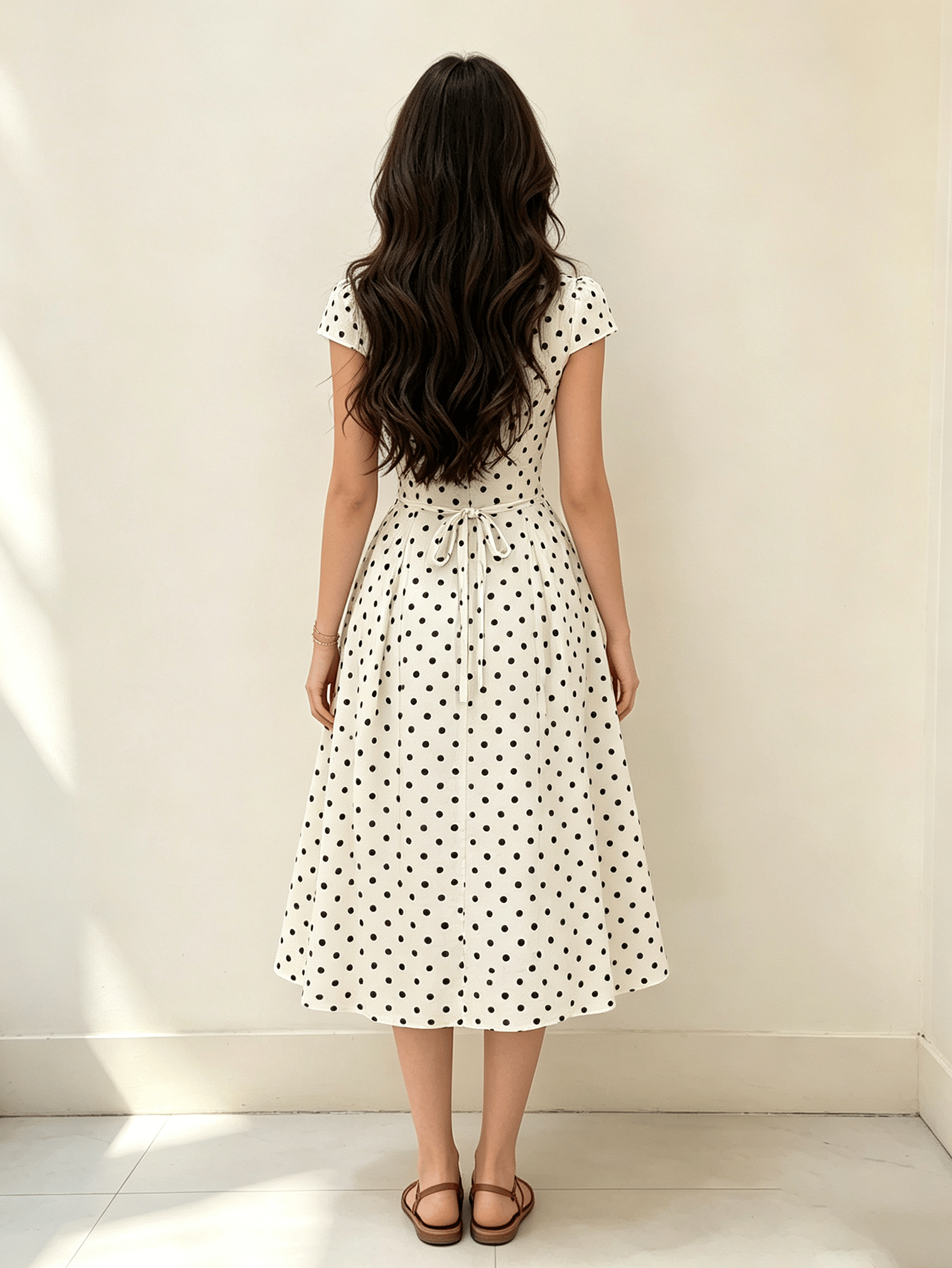 White Polka Dot Midi Dress with Square Neck