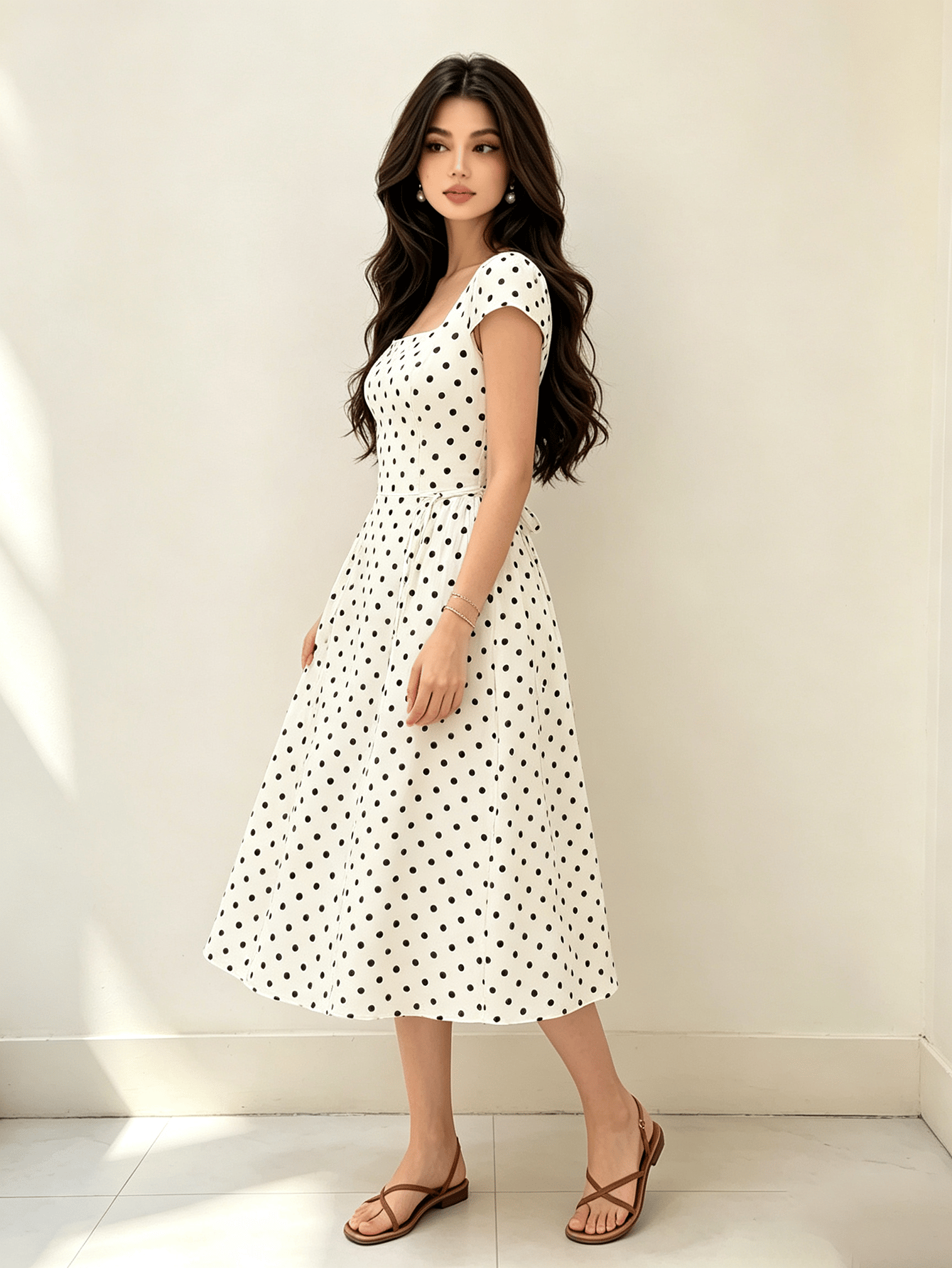 White Polka Dot Midi Dress with Square Neck