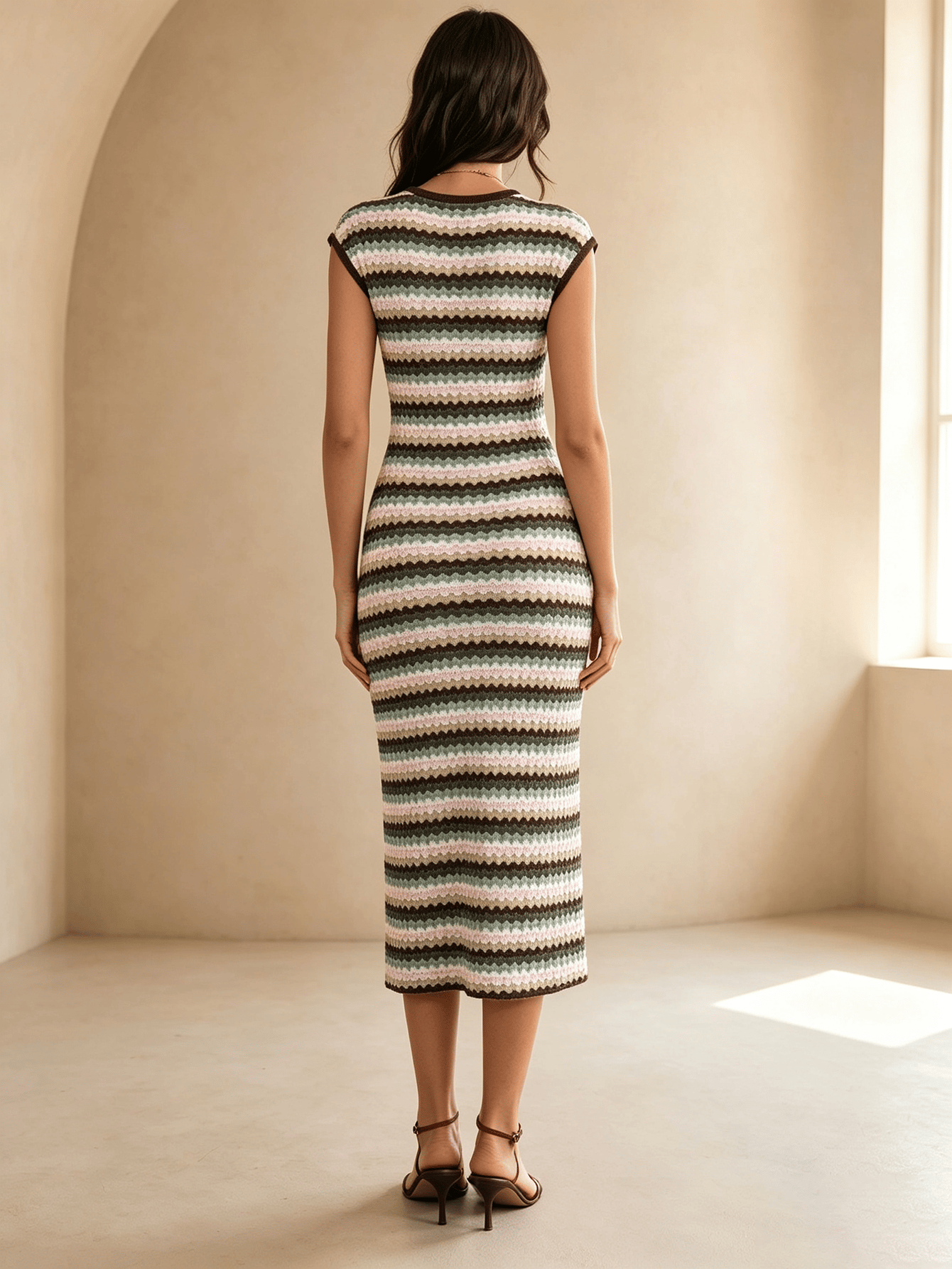 Round Neck White Cap Sleeve Wave Stripe Knit Bodycon Midi Dress