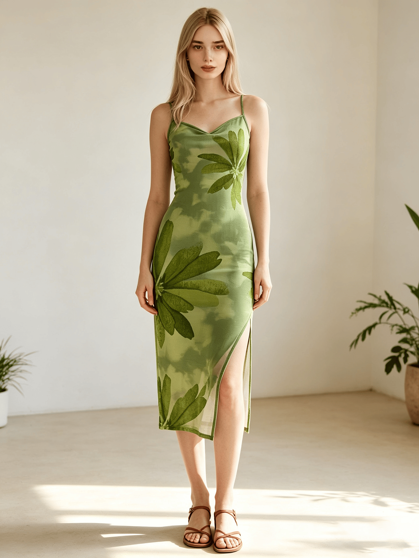 Green Floral Print Side Slit Midi Dress