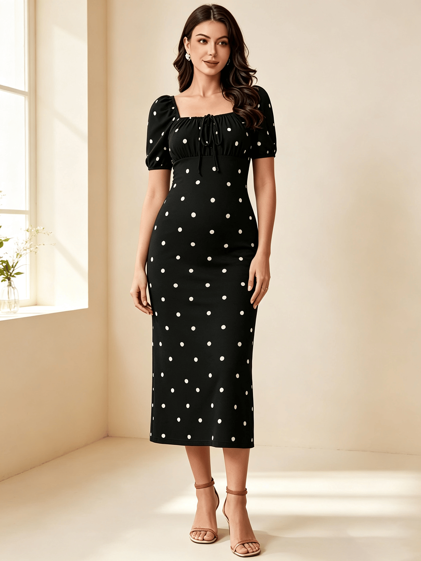 Black Polka Dot Midi Dress with Square Neck
