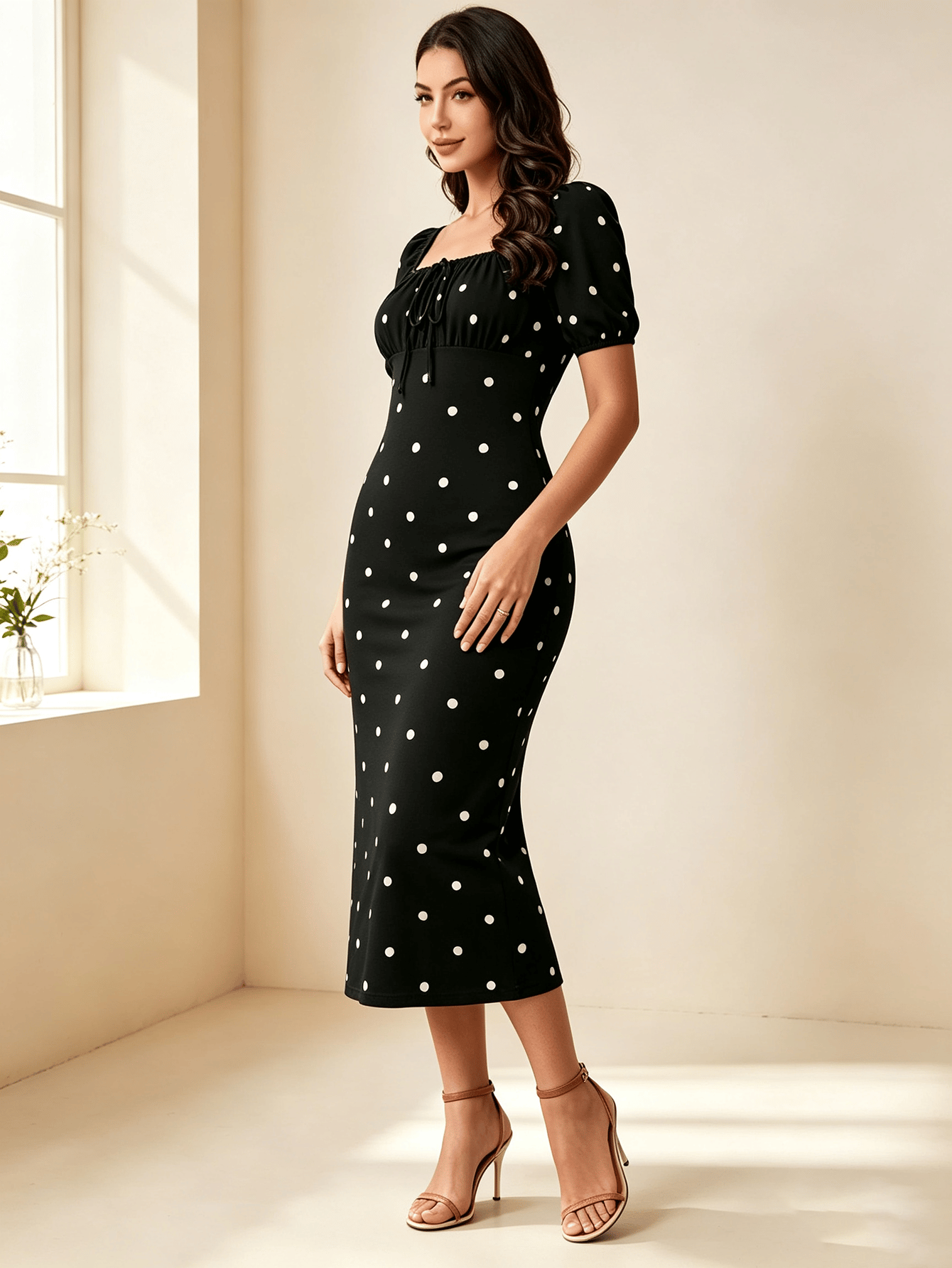 Black Polka Dot Midi Dress with Square Neck