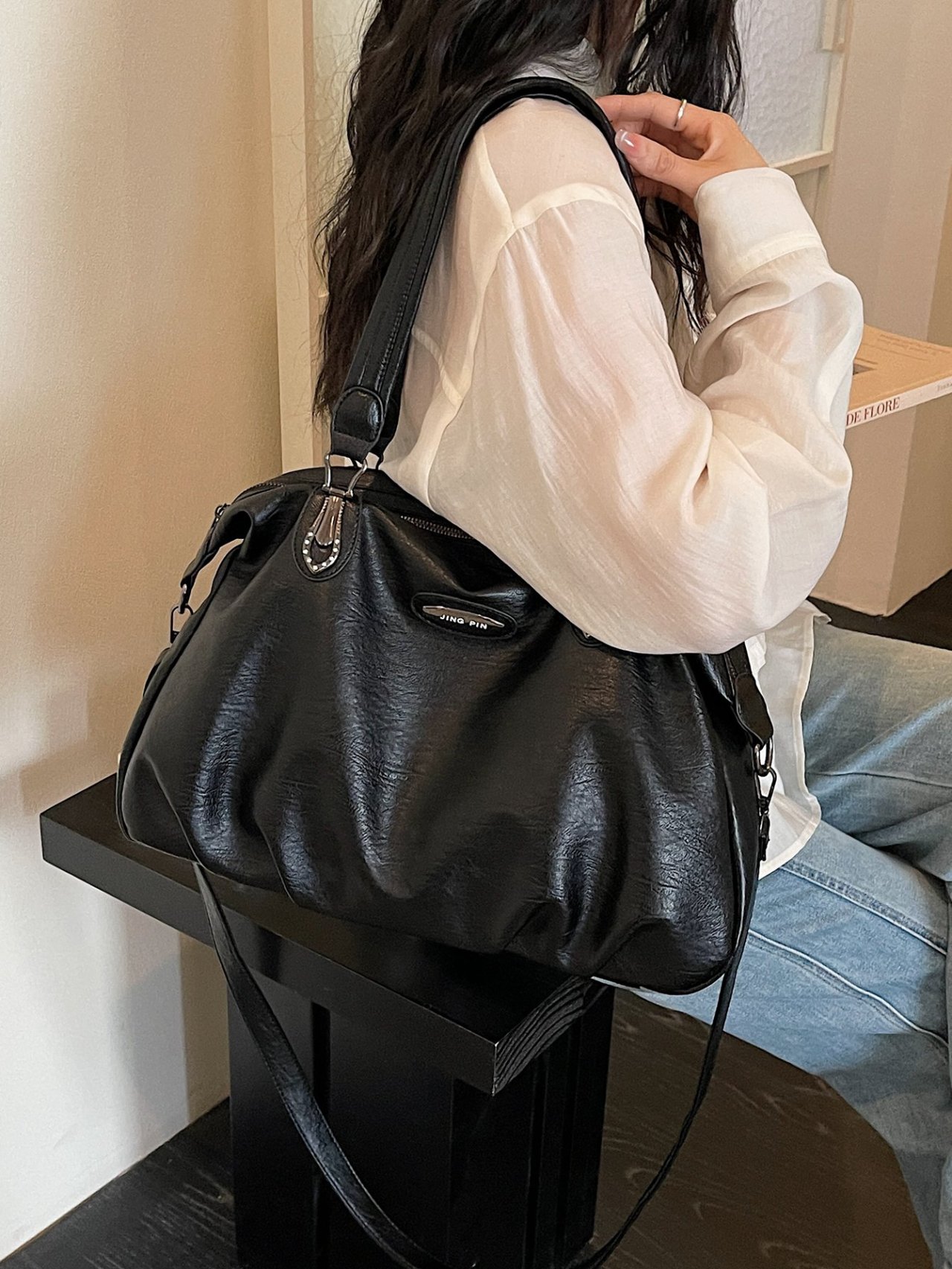 Black Solid Shoulder Bag