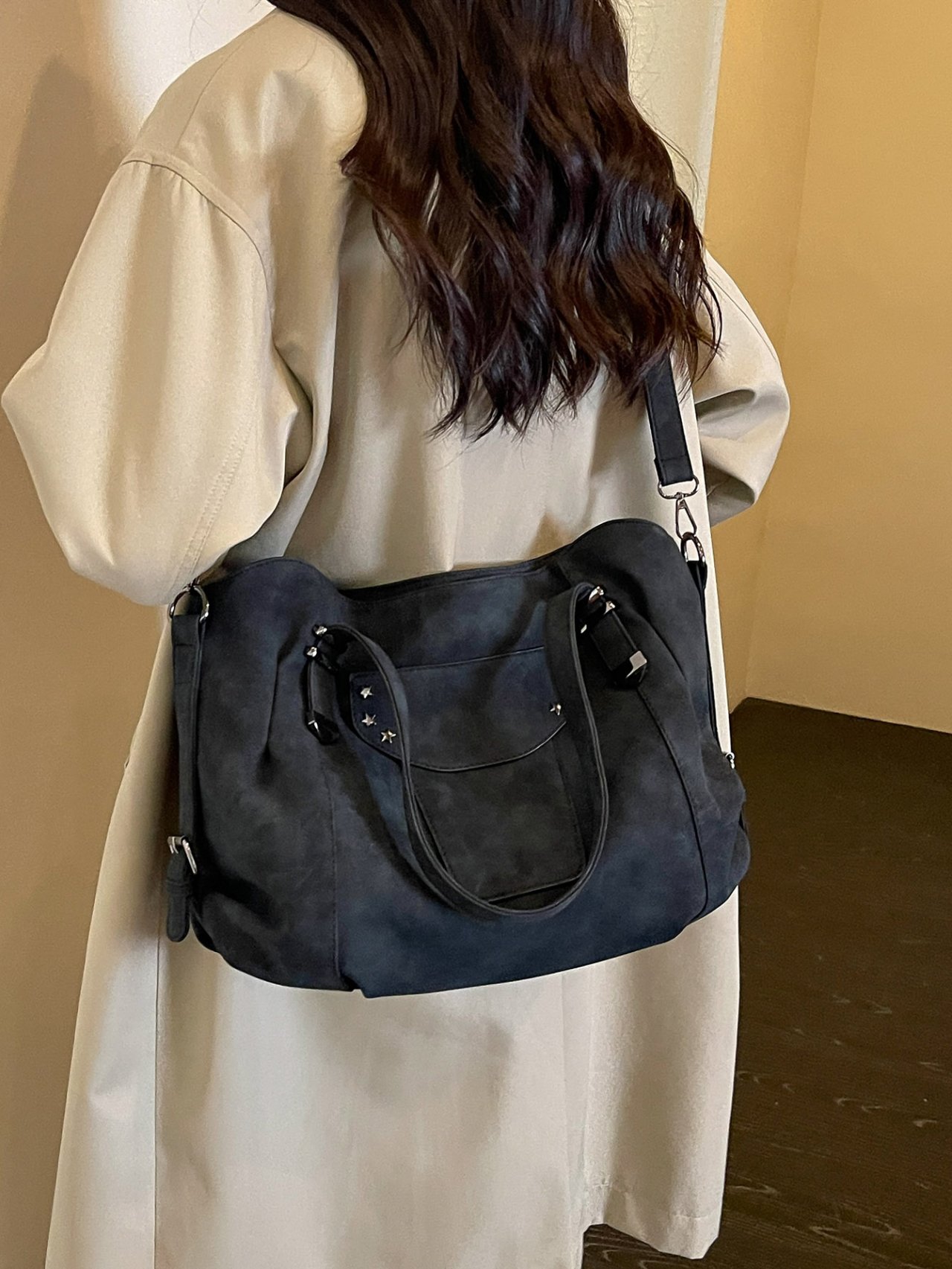 Black Suede Look Shoulder Bag