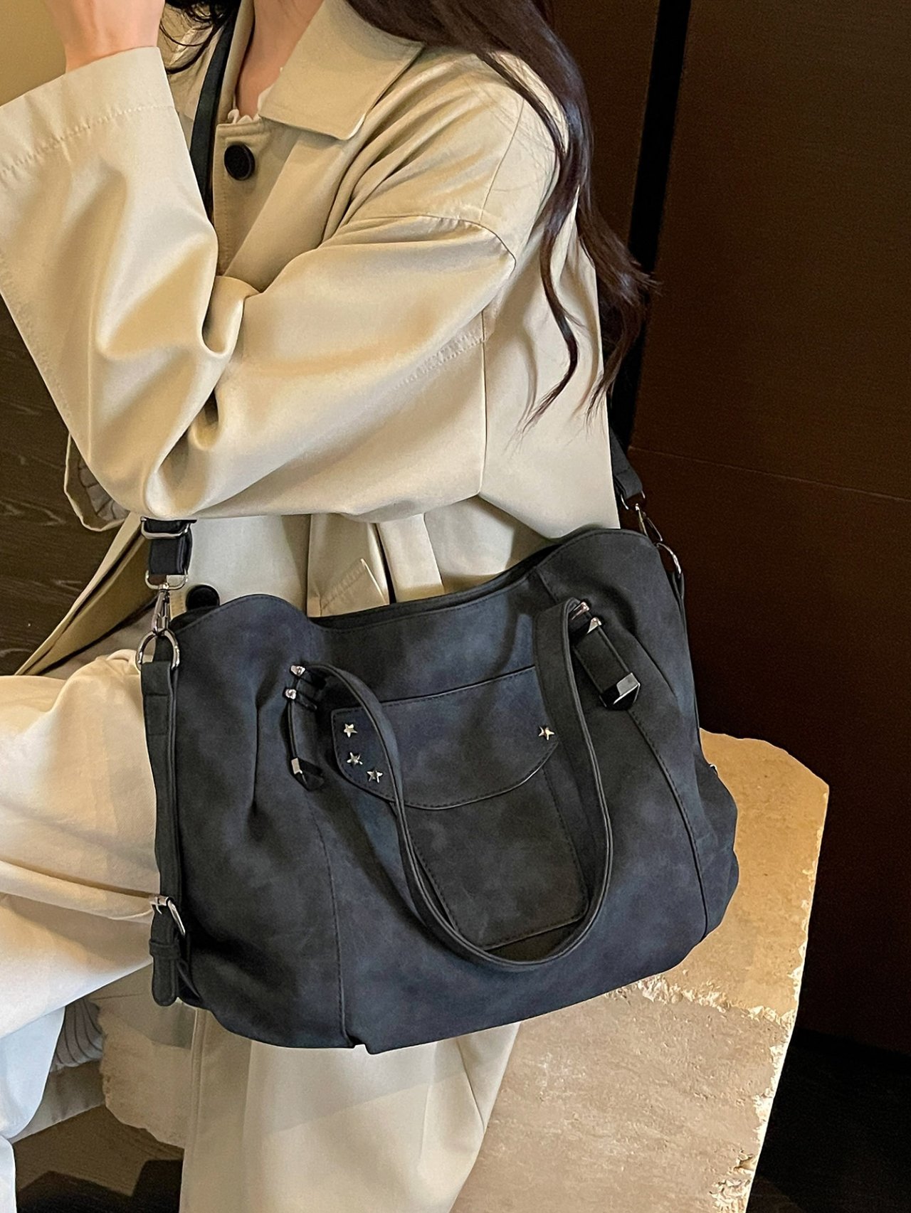 Black Suede Look Shoulder Bag