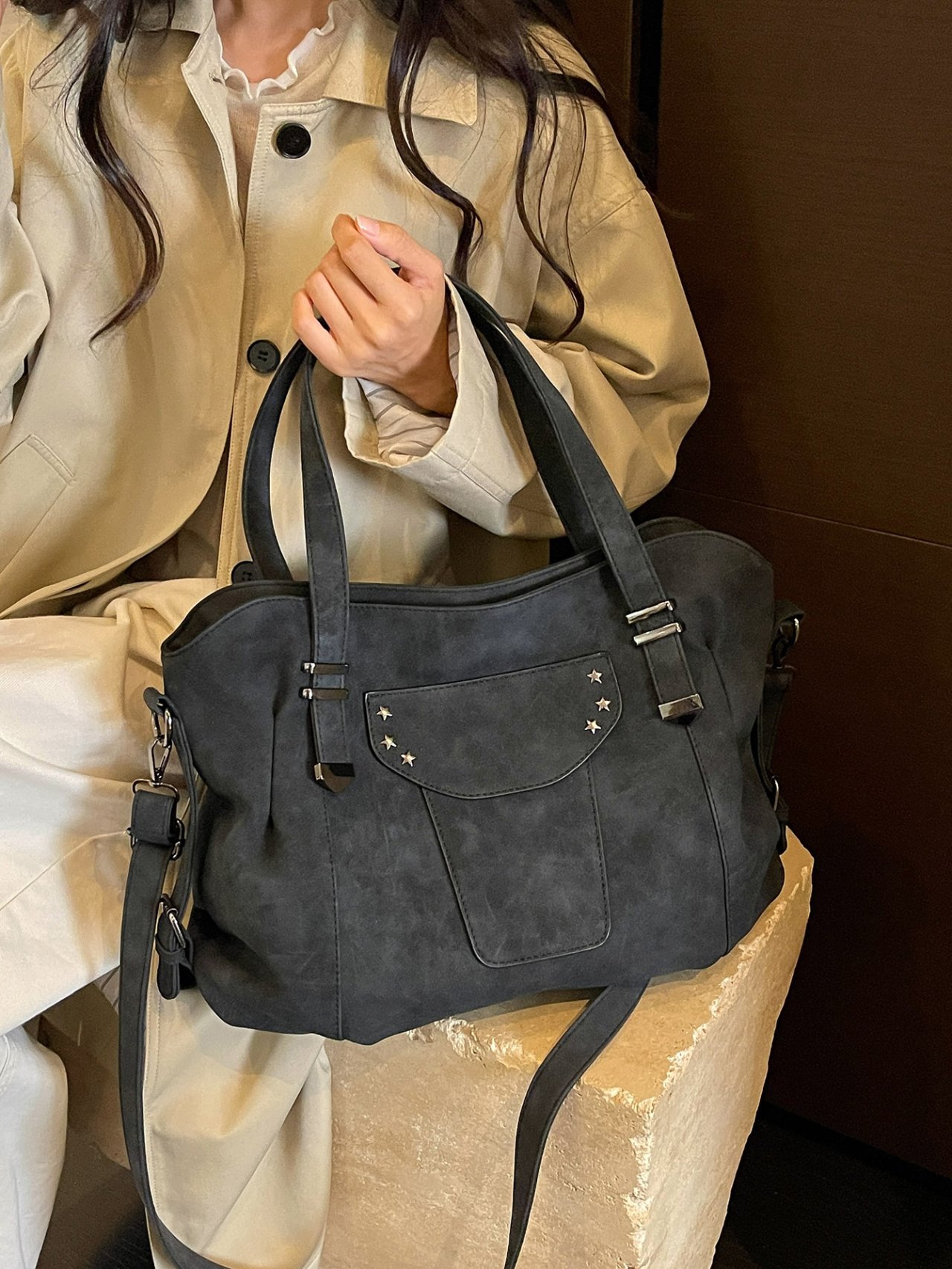 Black Suede Look Shoulder Bag