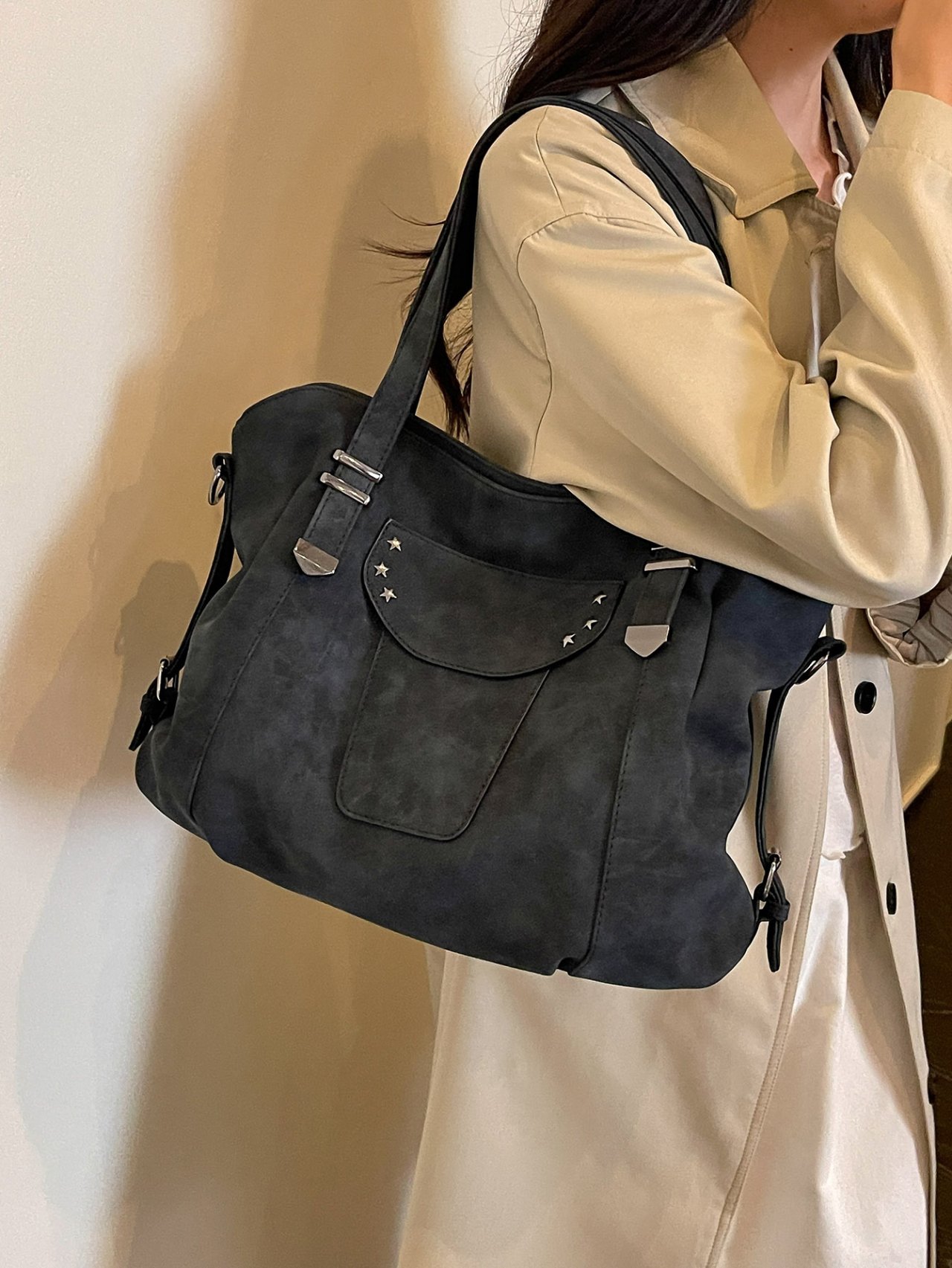 Black Suede Look Shoulder Bag