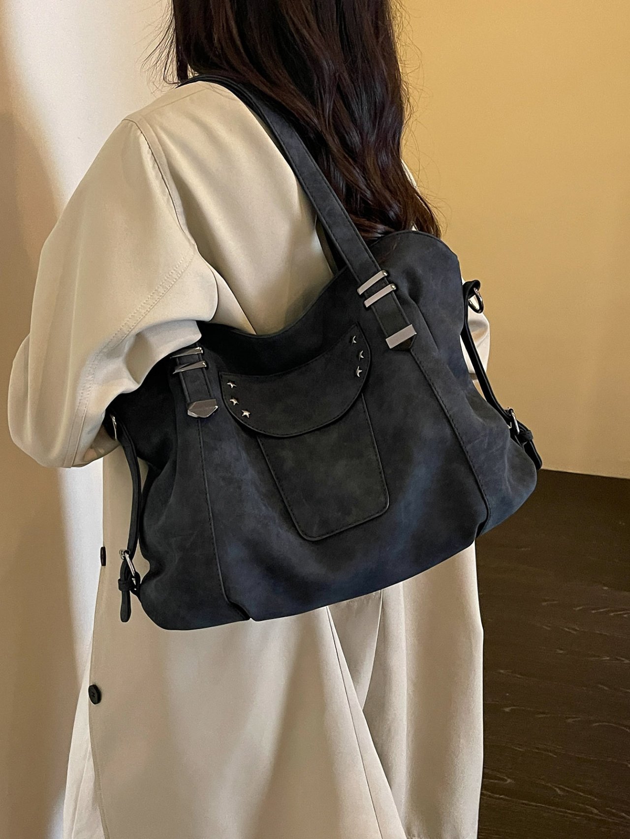 Black Suede Look Shoulder Bag