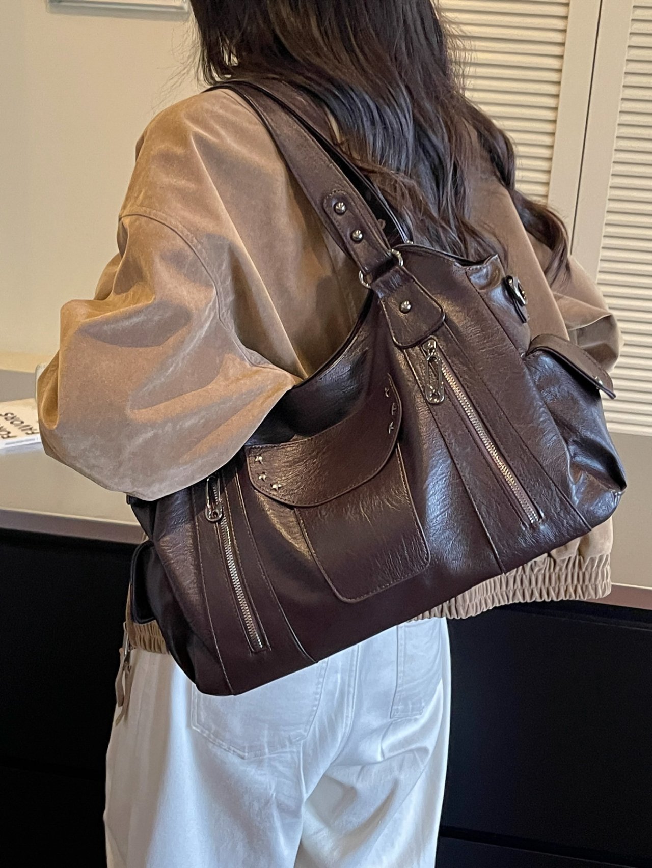 Coffee Brown Shoulder Bag with Side Pocket