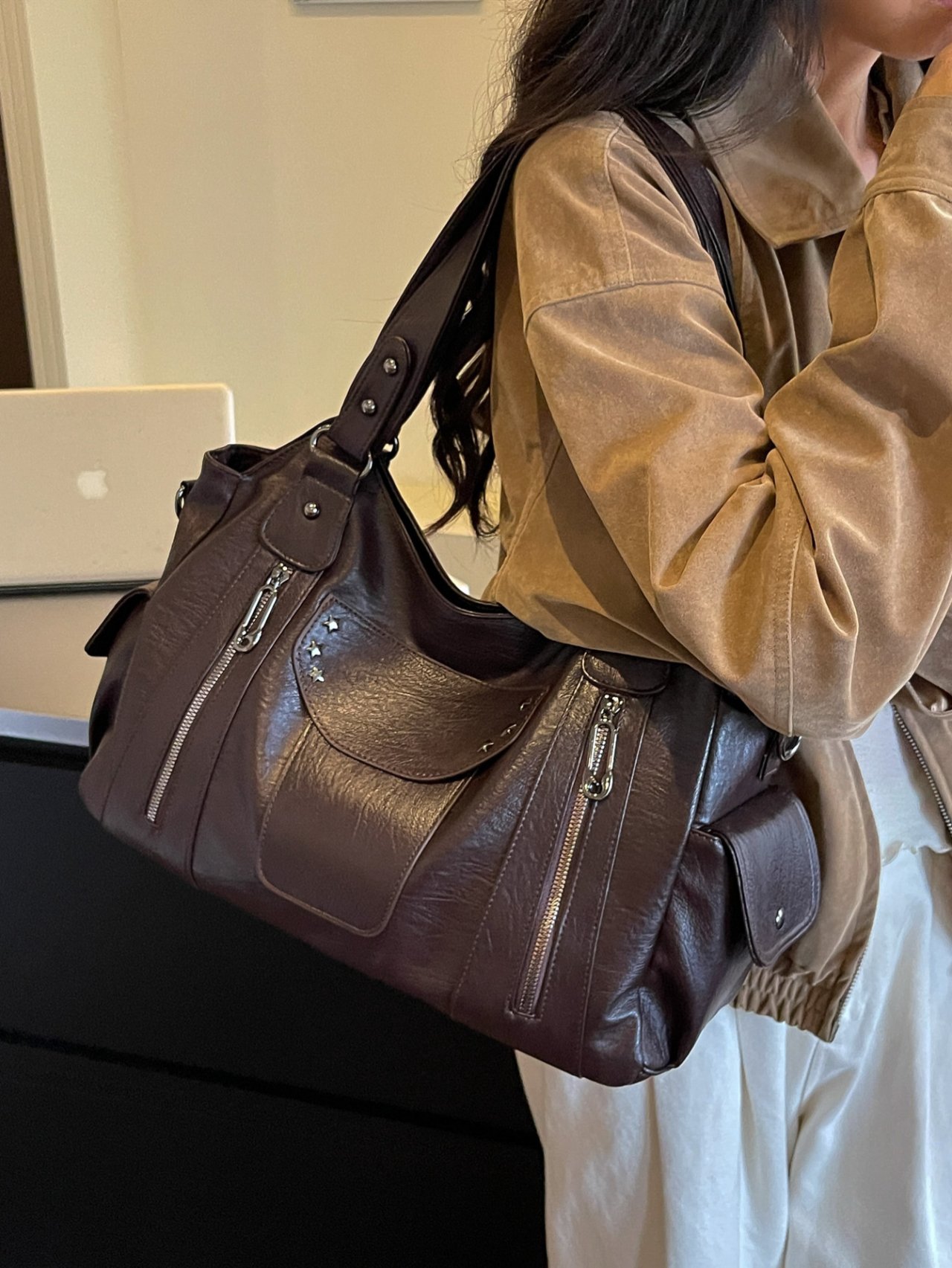 Coffee Brown Shoulder Bag with Side Pocket