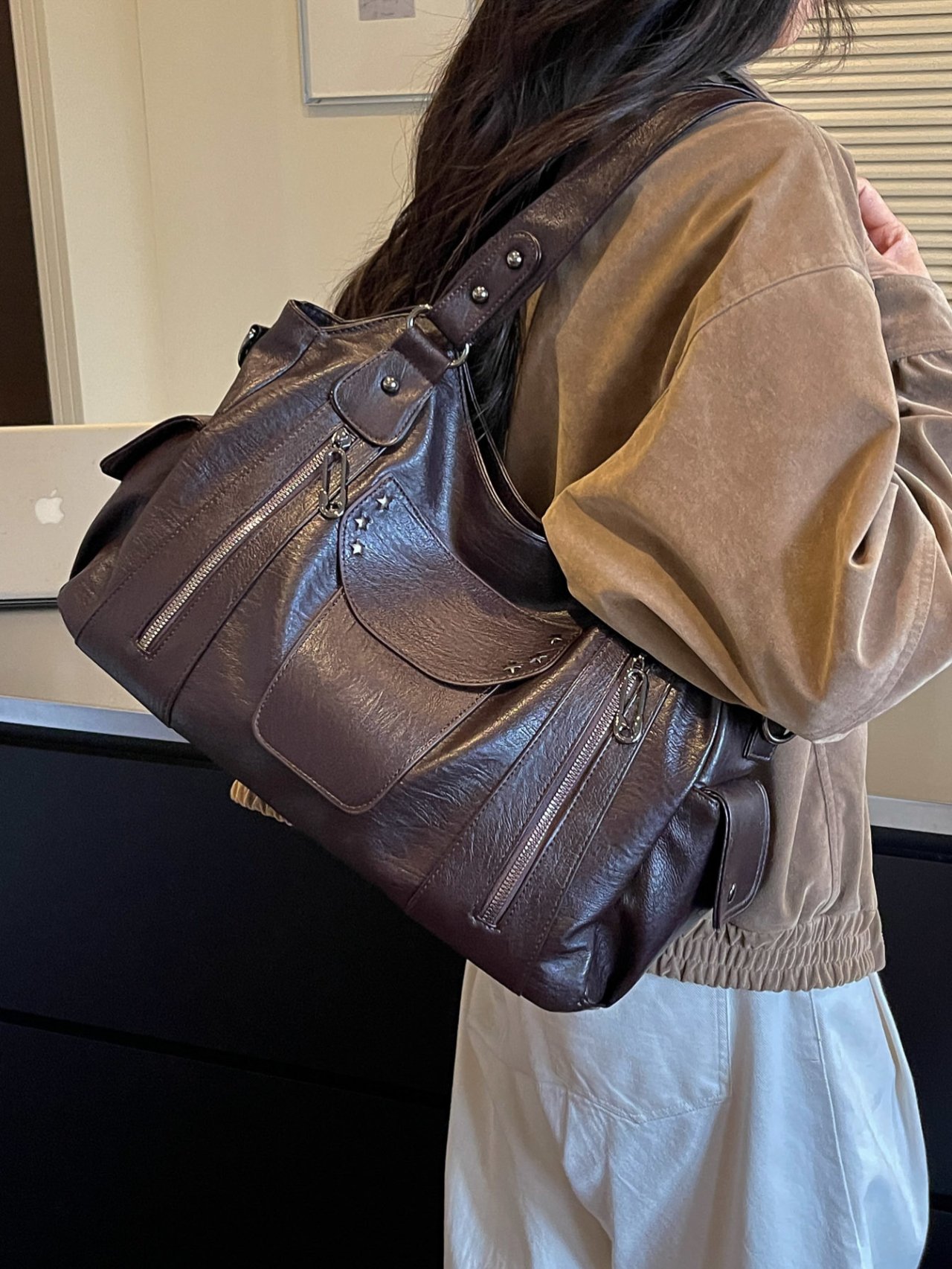 Coffee Brown Shoulder Bag with Side Pocket