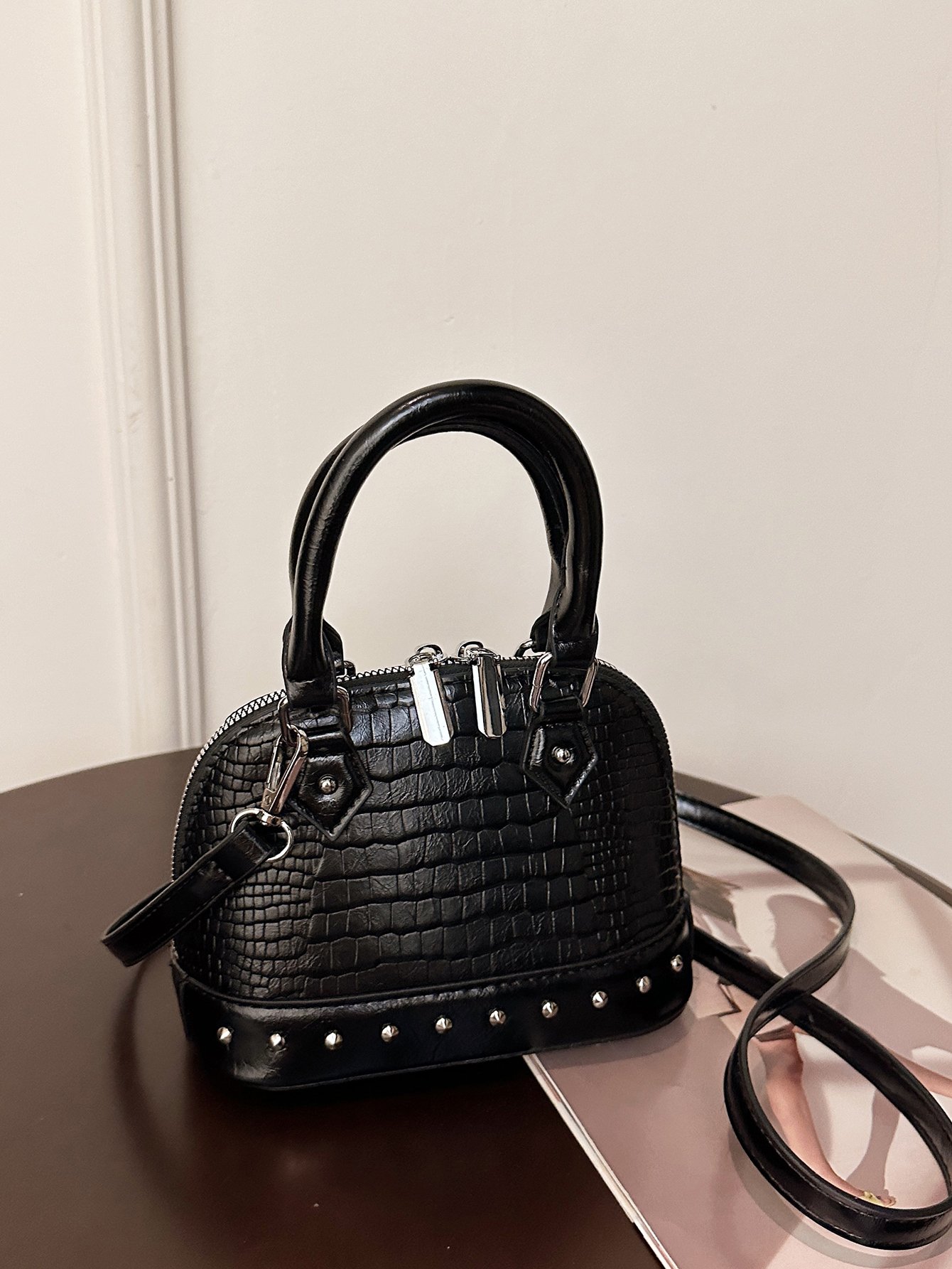 Black Croc-Embossed Crossbody Bag with Studs