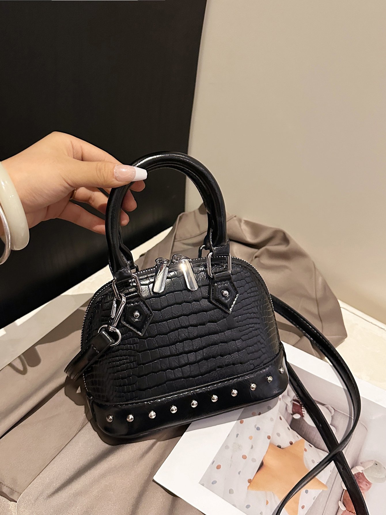Black Croc-Embossed Crossbody Bag with Studs