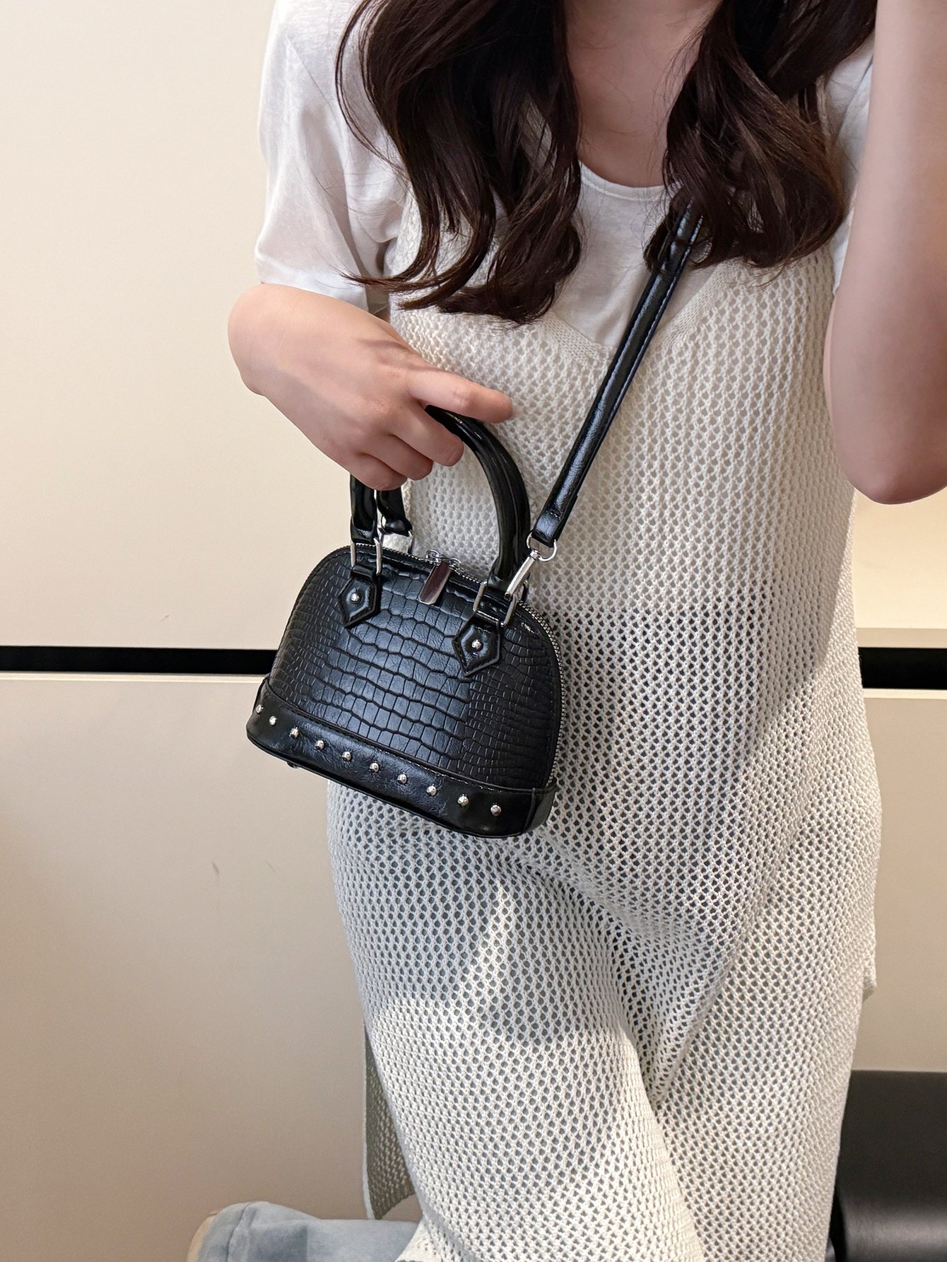 Black Croc-Embossed Crossbody Bag with Studs