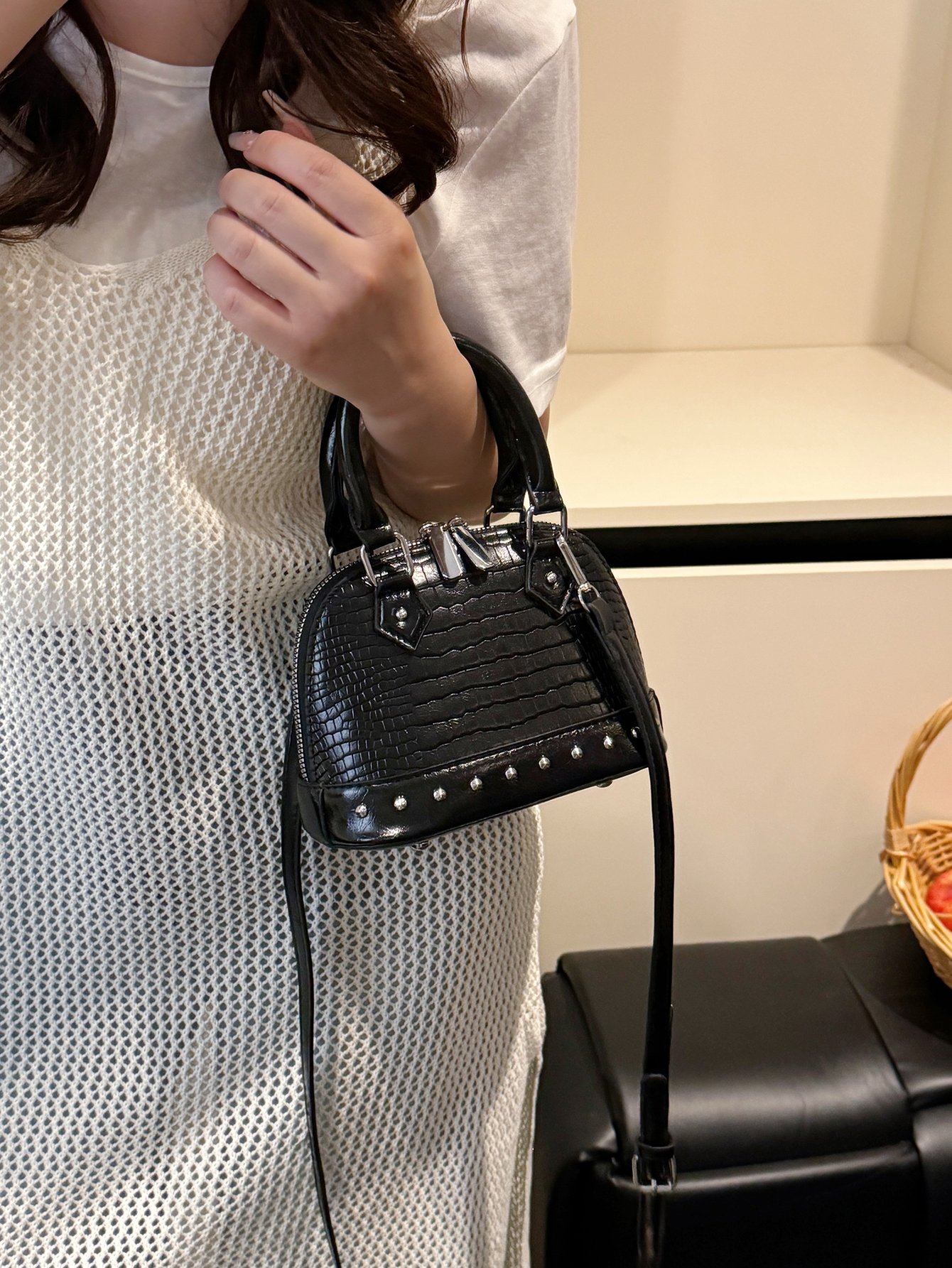 Black Croc-Embossed Crossbody Bag with Studs