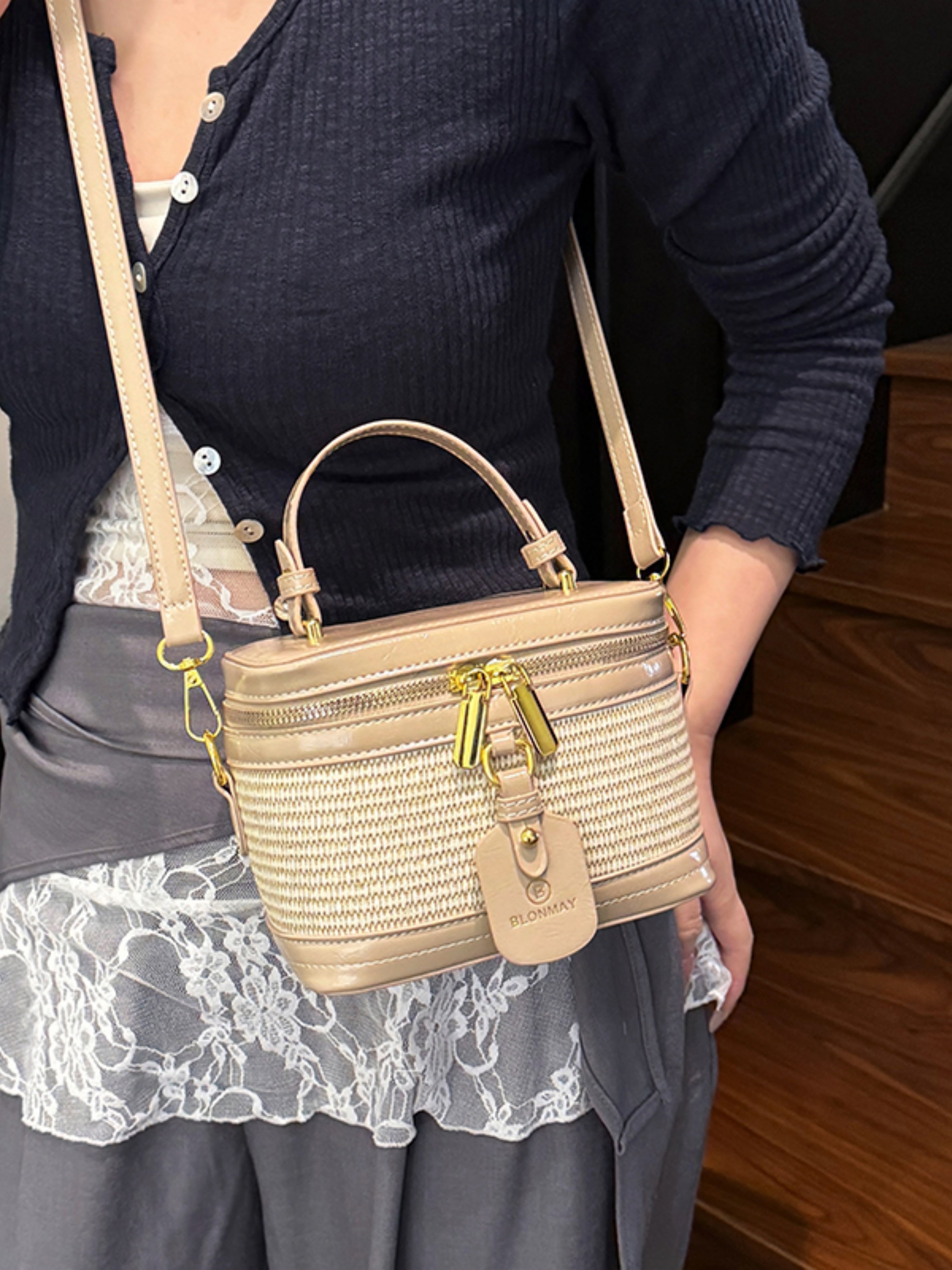 Beige Woven Crossbody Bag