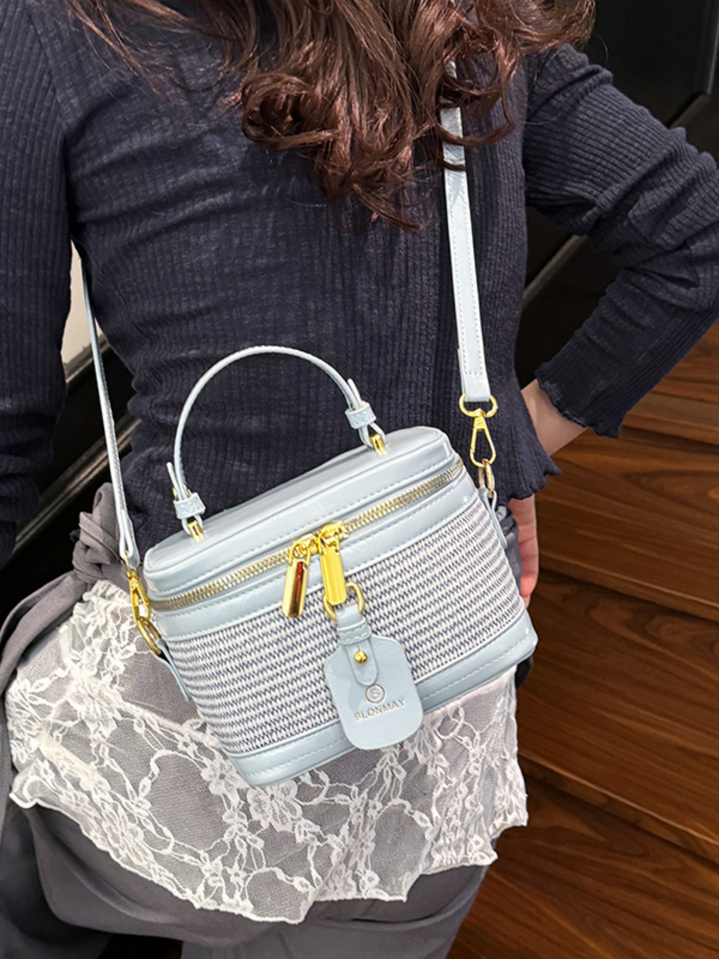 Blue Crossbody Bag with Woven Detail