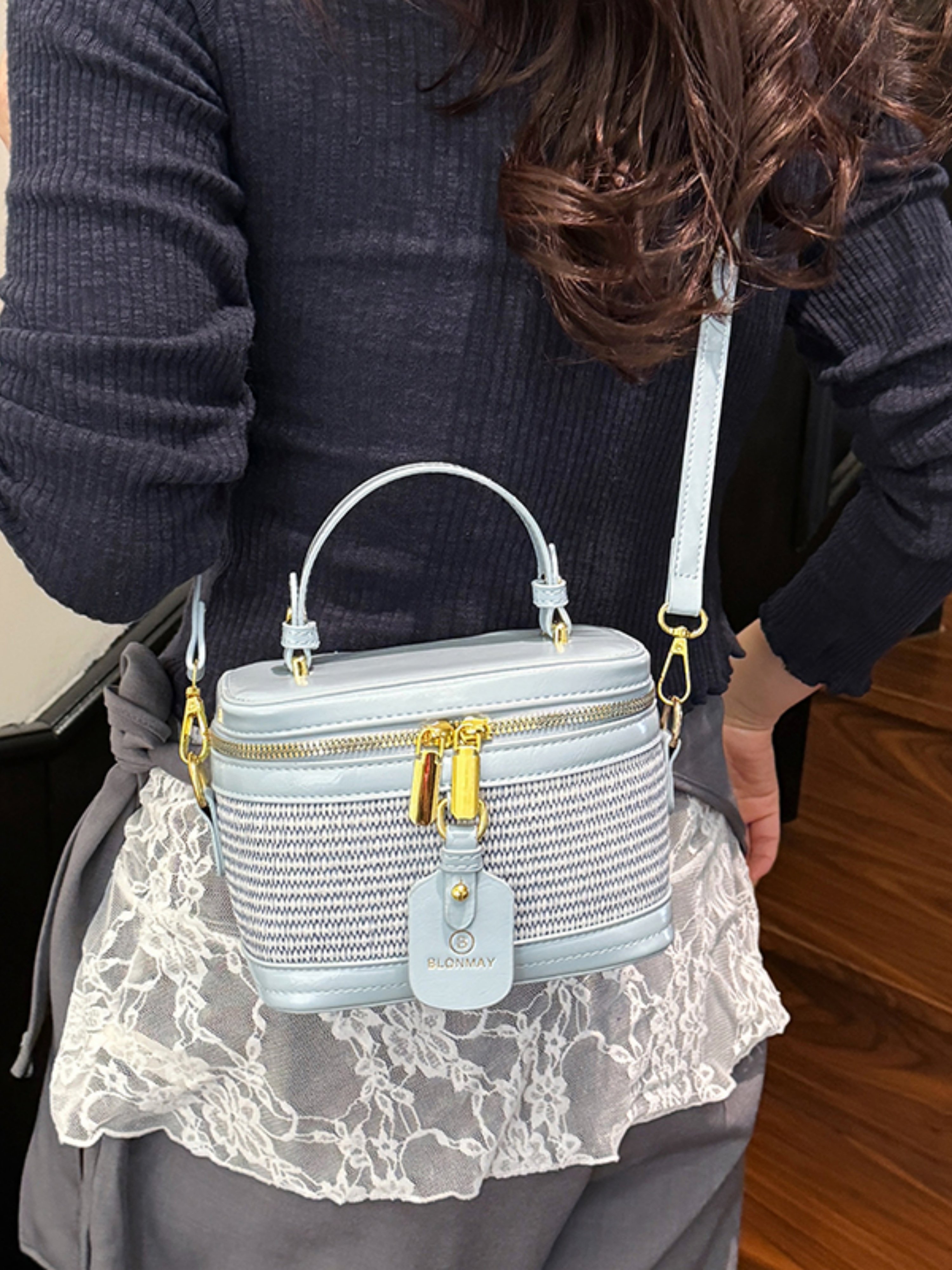 Blue Crossbody Bag with Woven Detail