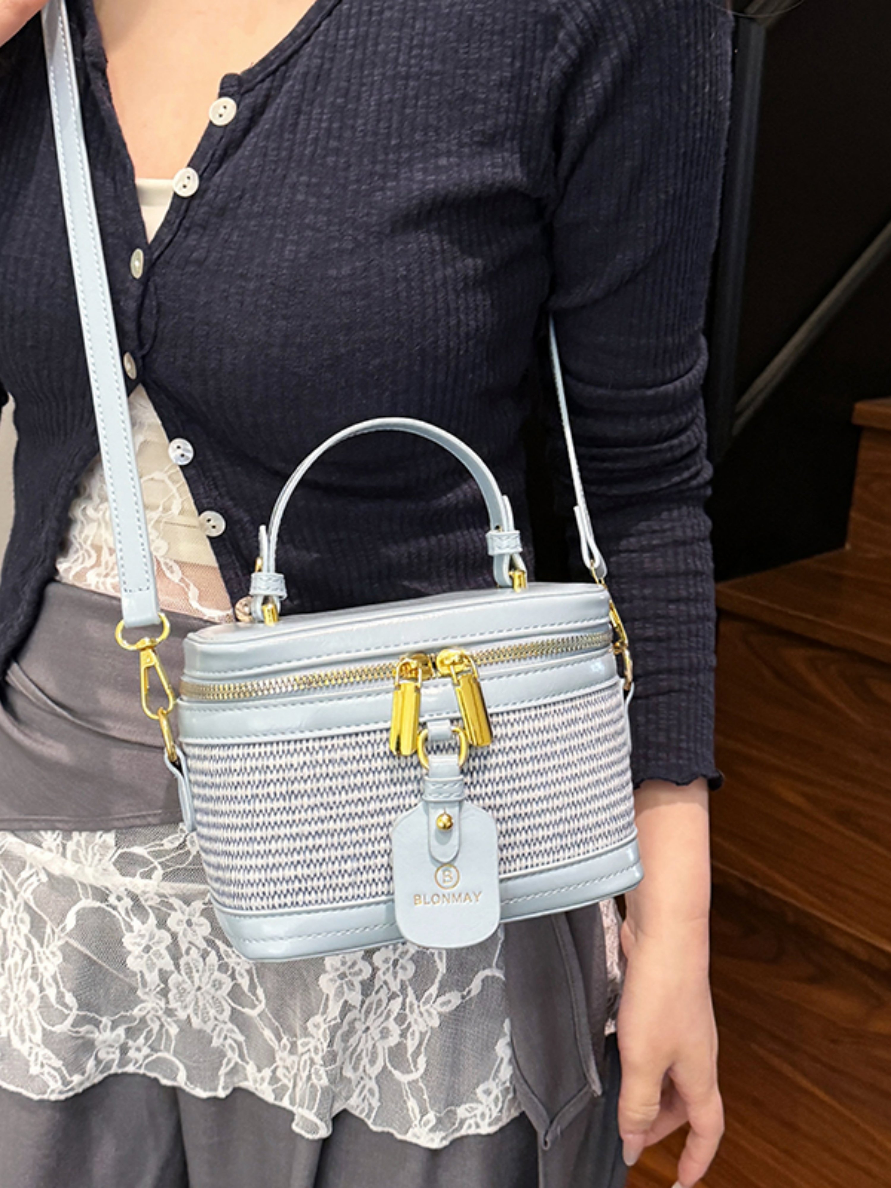 Blue Crossbody Bag with Woven Detail